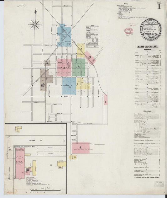 Sanborn Fire Insurance Map from Charlotte, Eaton County, Michigan (1895), Sheet #0001 - Historic Sanborn Fire Insurance Map Print, vintage old map wall art, antique decor, genealogy gift, Michigan Michigan map