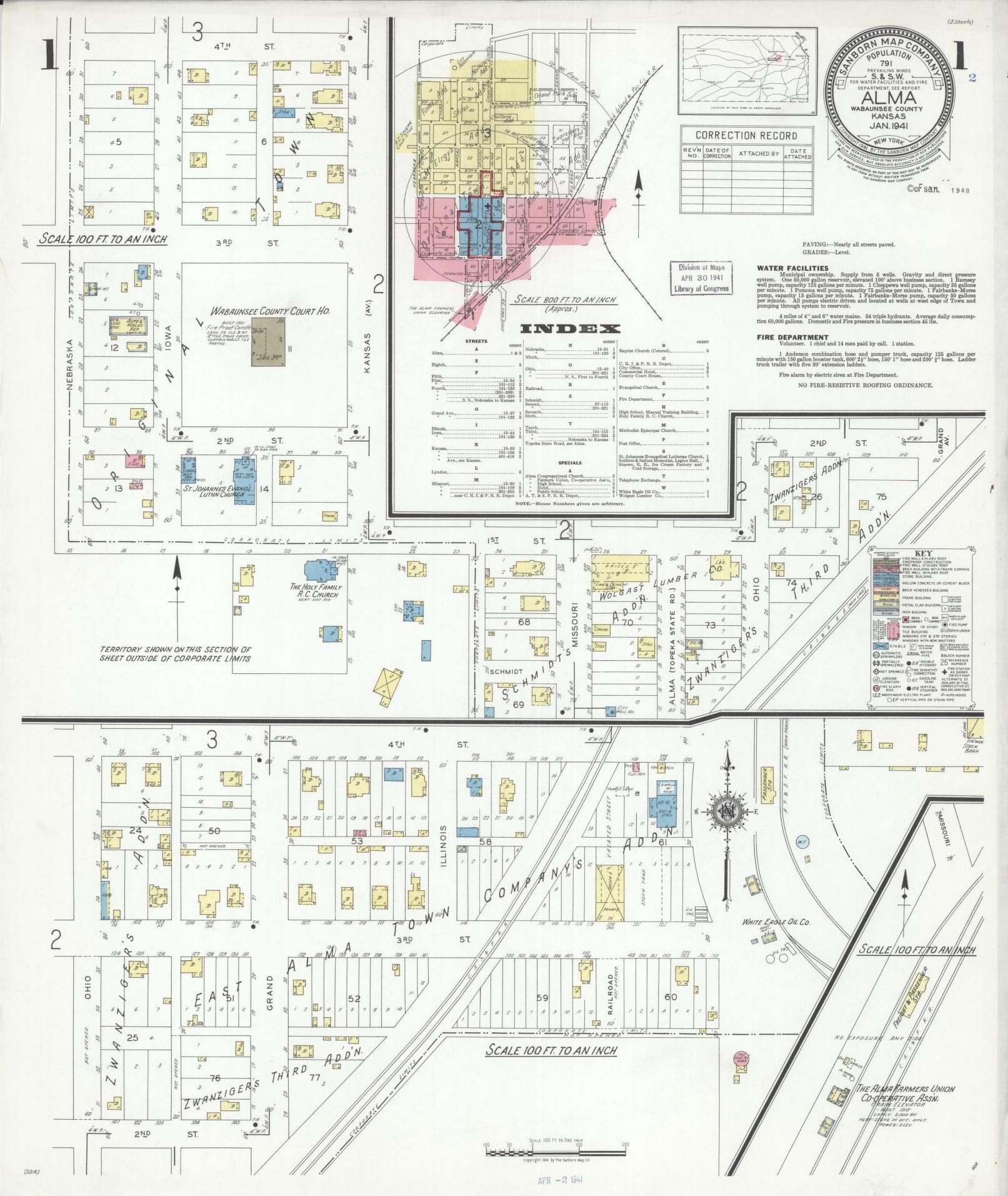 Sanborn Fire Insurance Map from Alma, Wabaunsee County, Kansas (1941), Sheet #0001 - Historic Sanborn Fire Insurance Map Print, vintage old map wall art, antique decor, genealogy gift, Kansas Kansas map