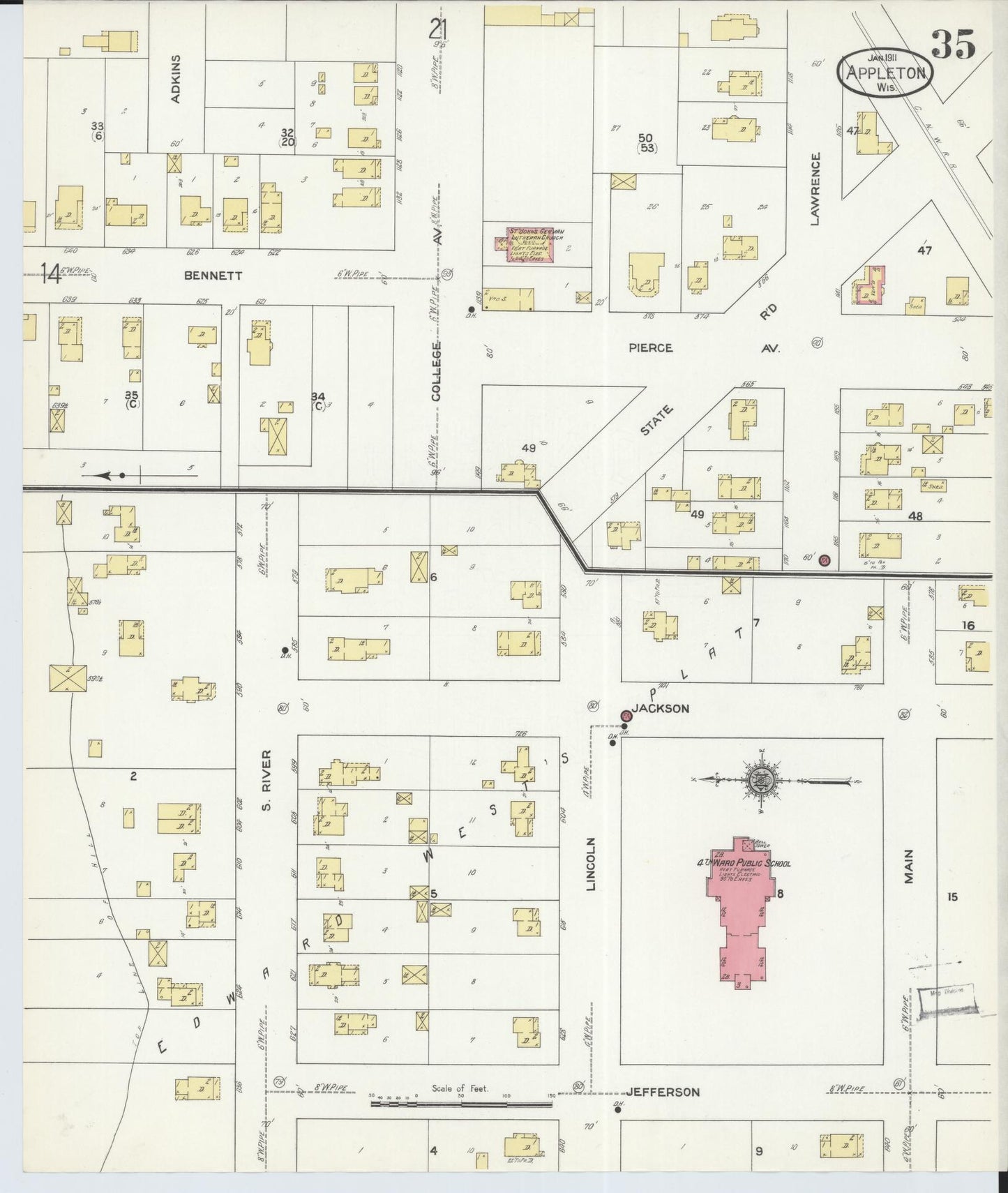Sanborn Fire Insurance Map from Appleton, Outagamie County, Wisconsin (1911), Sheet #0035 - Complete Map Set gallery image, historic Sanborn map, vintage wall art, Wisconsin Wisconsin