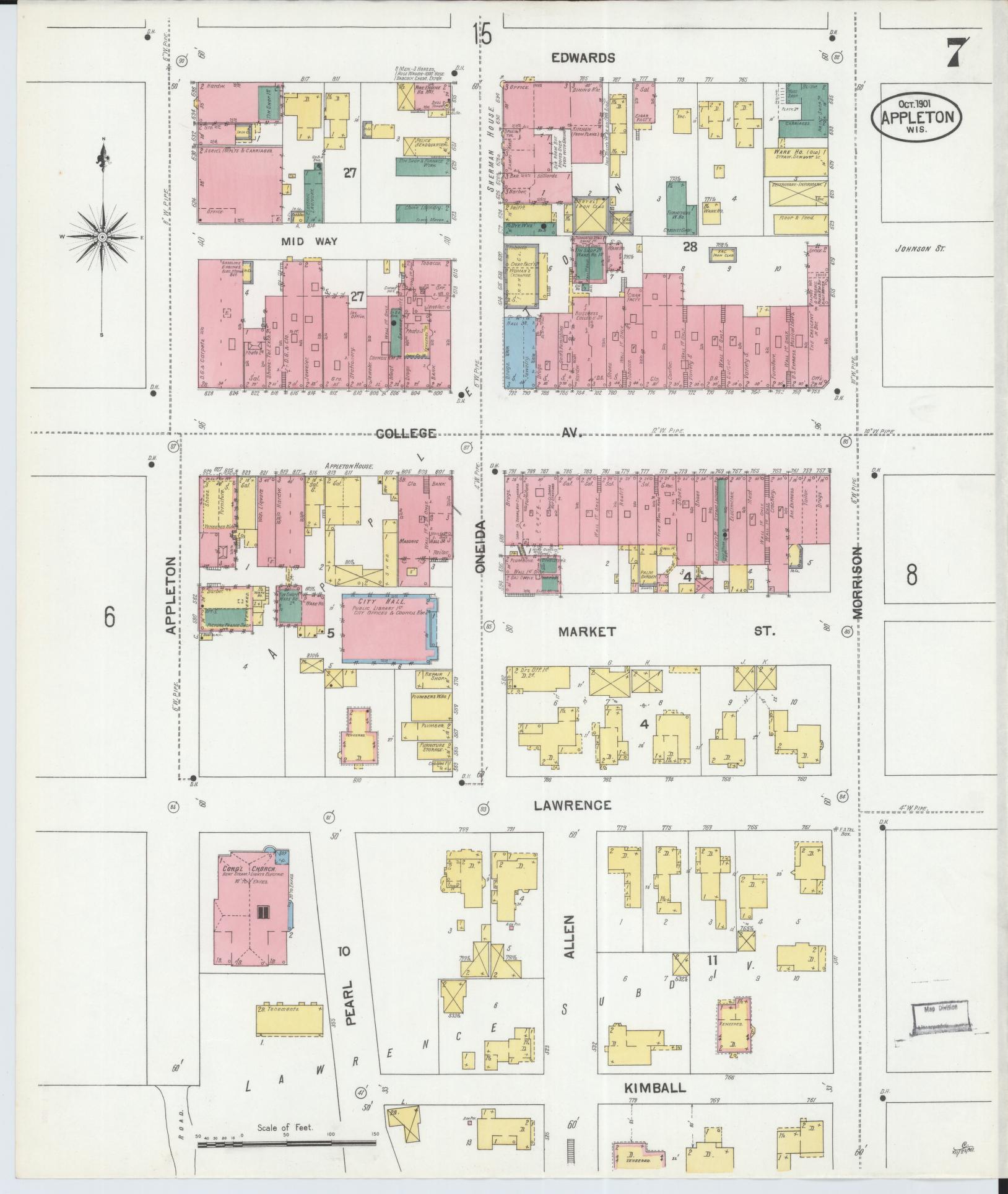 Sanborn Fire Insurance Map from Appleton, Outagamie County, Wisconsin (1901), Sheet #0007 - Complete Map Set gallery image, historic Sanborn map, vintage wall art, Wisconsin Wisconsin