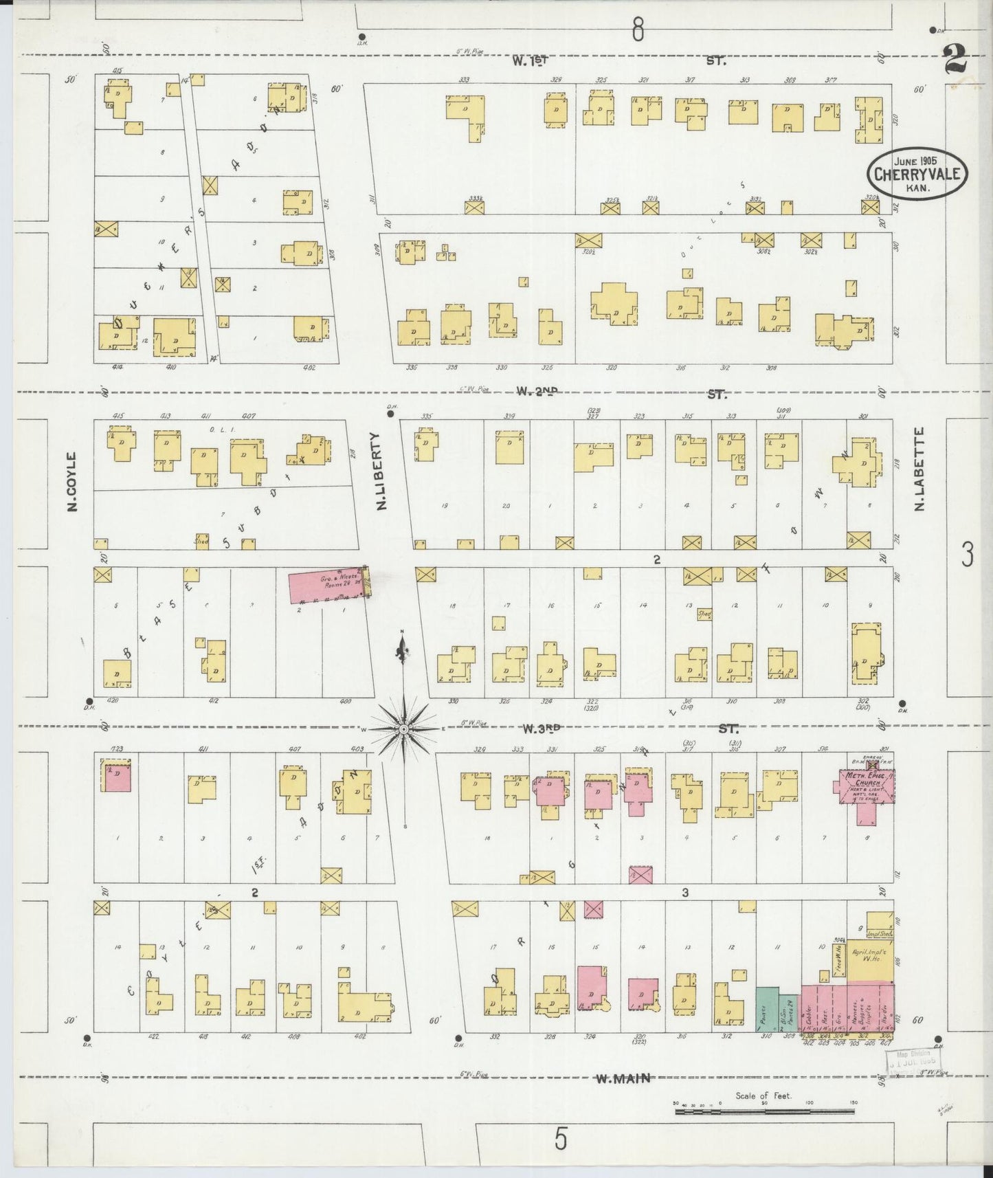 Sanborn Fire Insurance Map from Cherryvale, Montgomery County, Kansas (1905), Sheet #0002 - Complete Map Set gallery image, historic Sanborn map, vintage wall art, Kansas Kansas