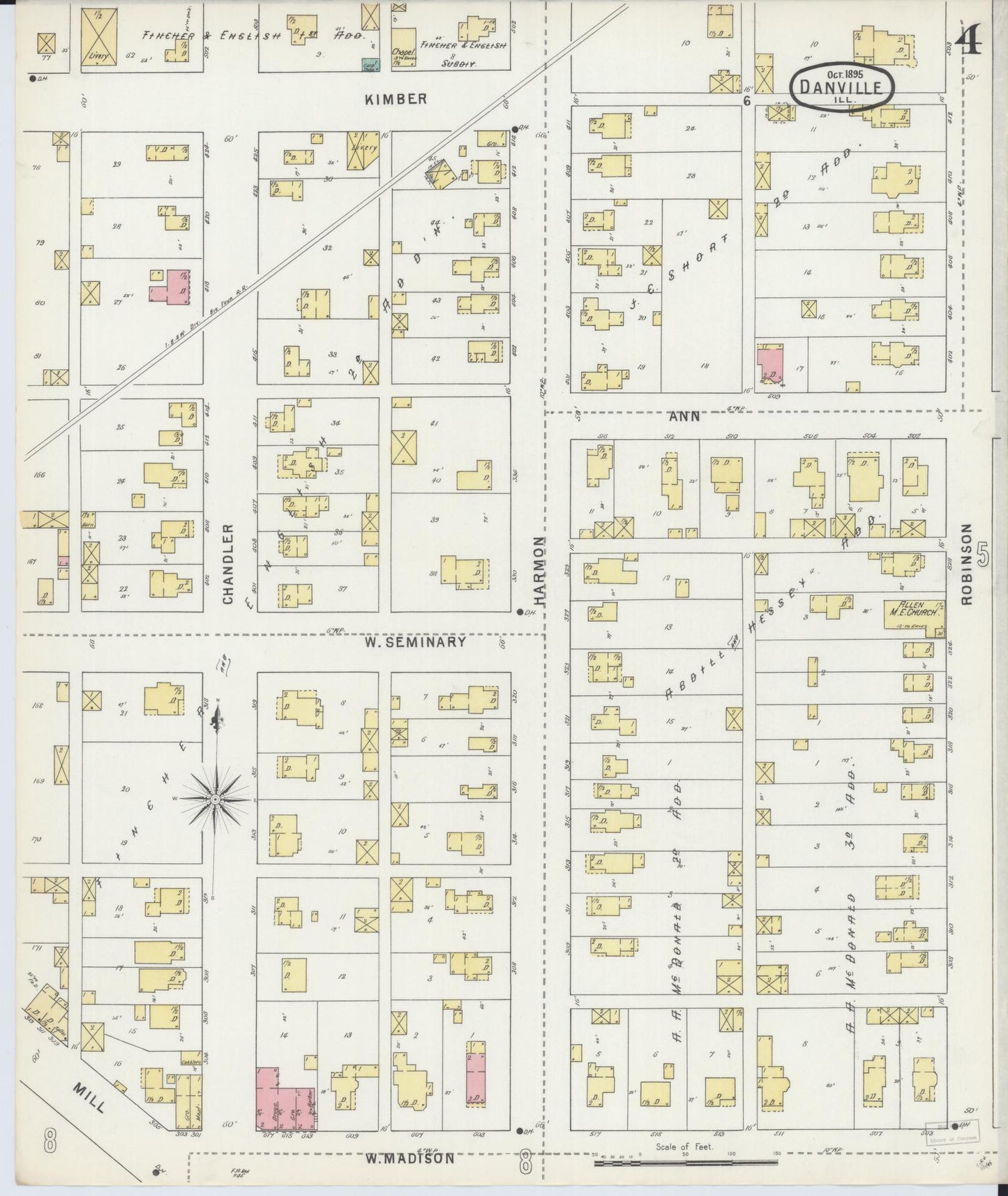 Sanborn Fire Insurance Map from Danville, Vermilion County, Illinois (1895), Sheet #0004 - Historic Sanborn Fire Insurance Map Print, vintage old map wall art, antique decor, genealogy gift, Illinois Illinois map