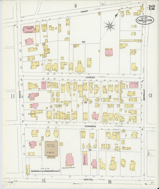 Sanborn Fire Insurance Map from Charleston, Kanawha County, West Virginia (1907), Sheet #0012 - Historic Sanborn Fire Insurance Map Print, vintage old map wall art, antique decor, genealogy gift, West Virginia West Virginia map