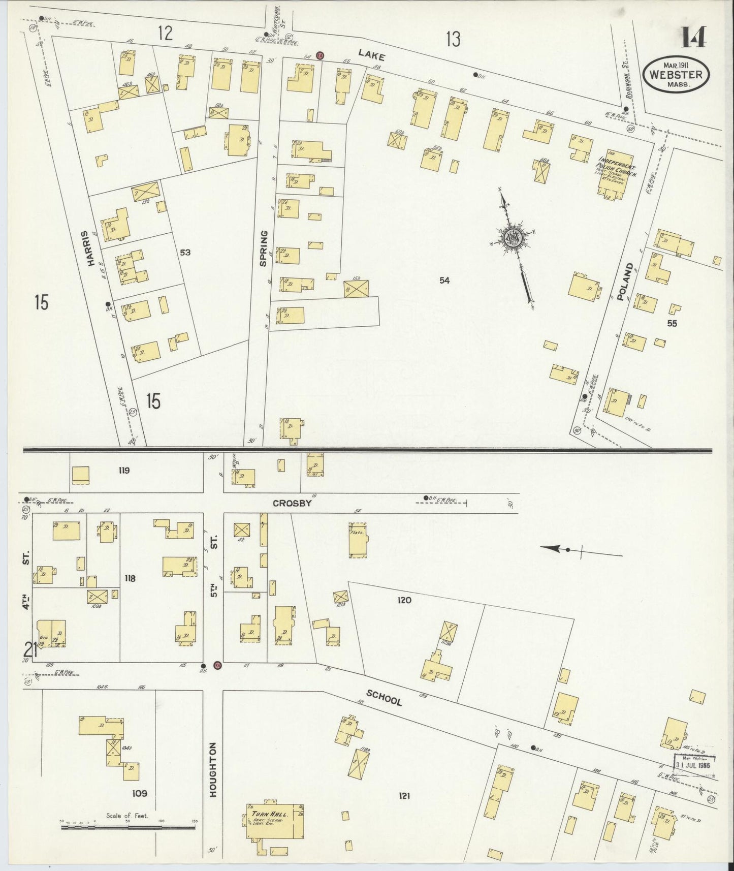 Sanborn Fire Insurance Map from Webster, Worcester County, Massachusetts (1911), Sheet #0014 - Historic Sanborn Fire Insurance Map Print, vintage old map wall art, antique decor, genealogy gift, Massachusetts Massachusetts map