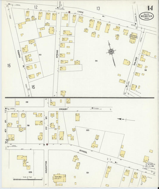 Sanborn Fire Insurance Map from Webster, Worcester County, Massachusetts (1911), Sheet #0014 - Historic Sanborn Fire Insurance Map Print, vintage old map wall art, antique decor, genealogy gift, Massachusetts Massachusetts map
