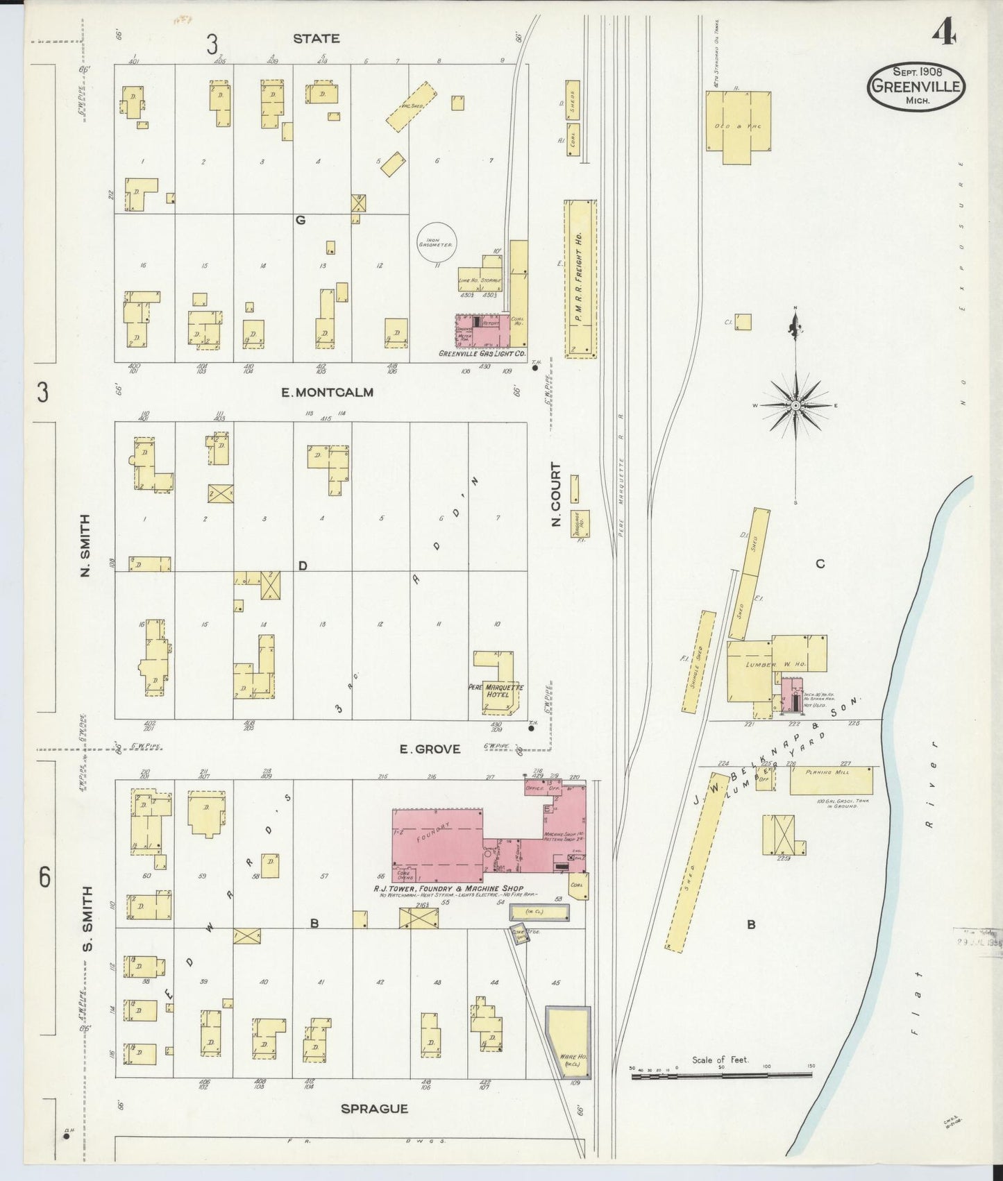 Sanborn Fire Insurance Map from Greenville, Montcalm County, Michigan (1908), Sheet #0004 - Complete Map Set gallery image, historic Sanborn map, vintage wall art, Michigan Michigan