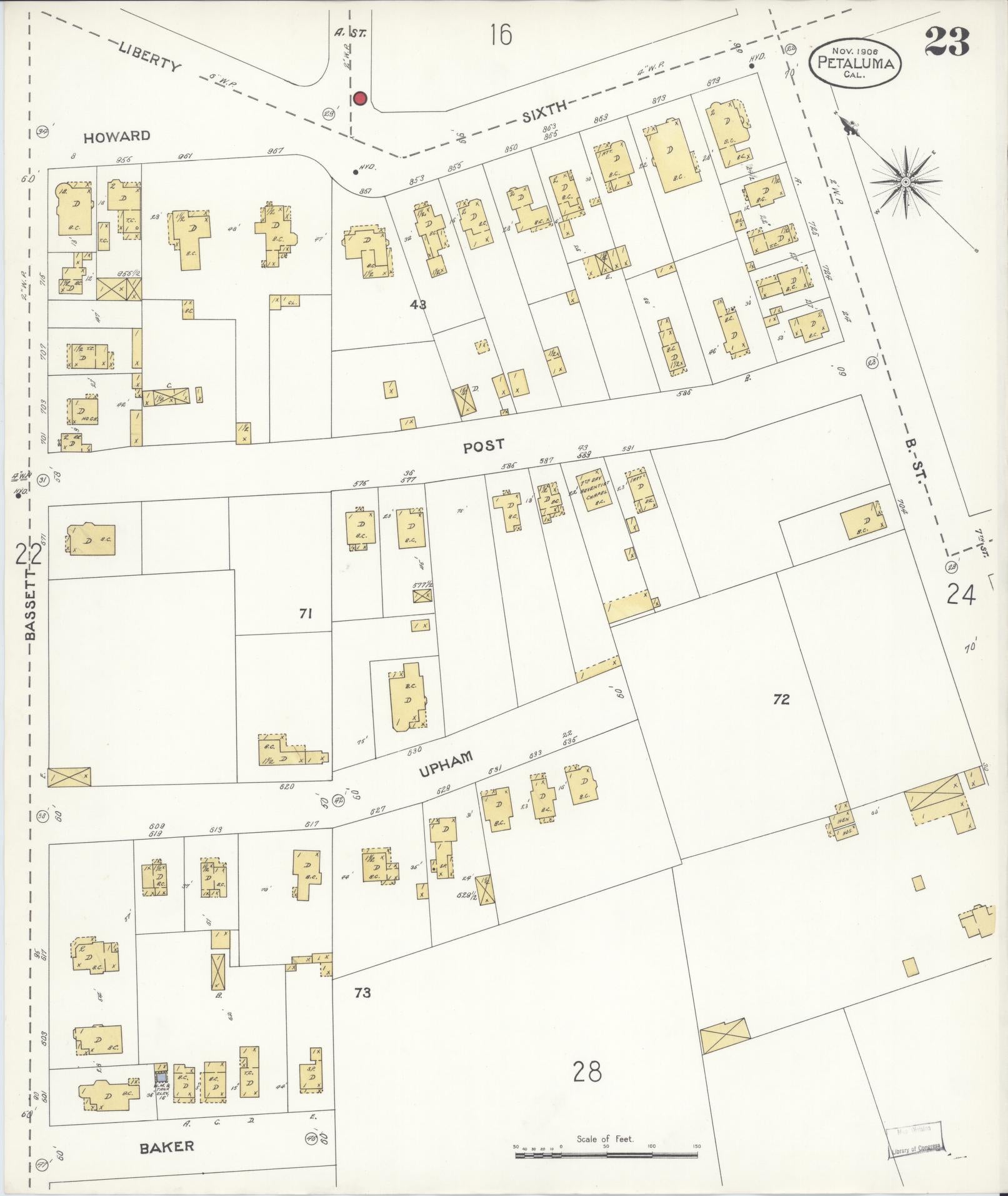 Sanborn Fire Insurance Map from Petaluma, Sonoma County, California (1906), Sheet #0023 - Complete Map Set gallery image, historic Sanborn map, vintage wall art, California California