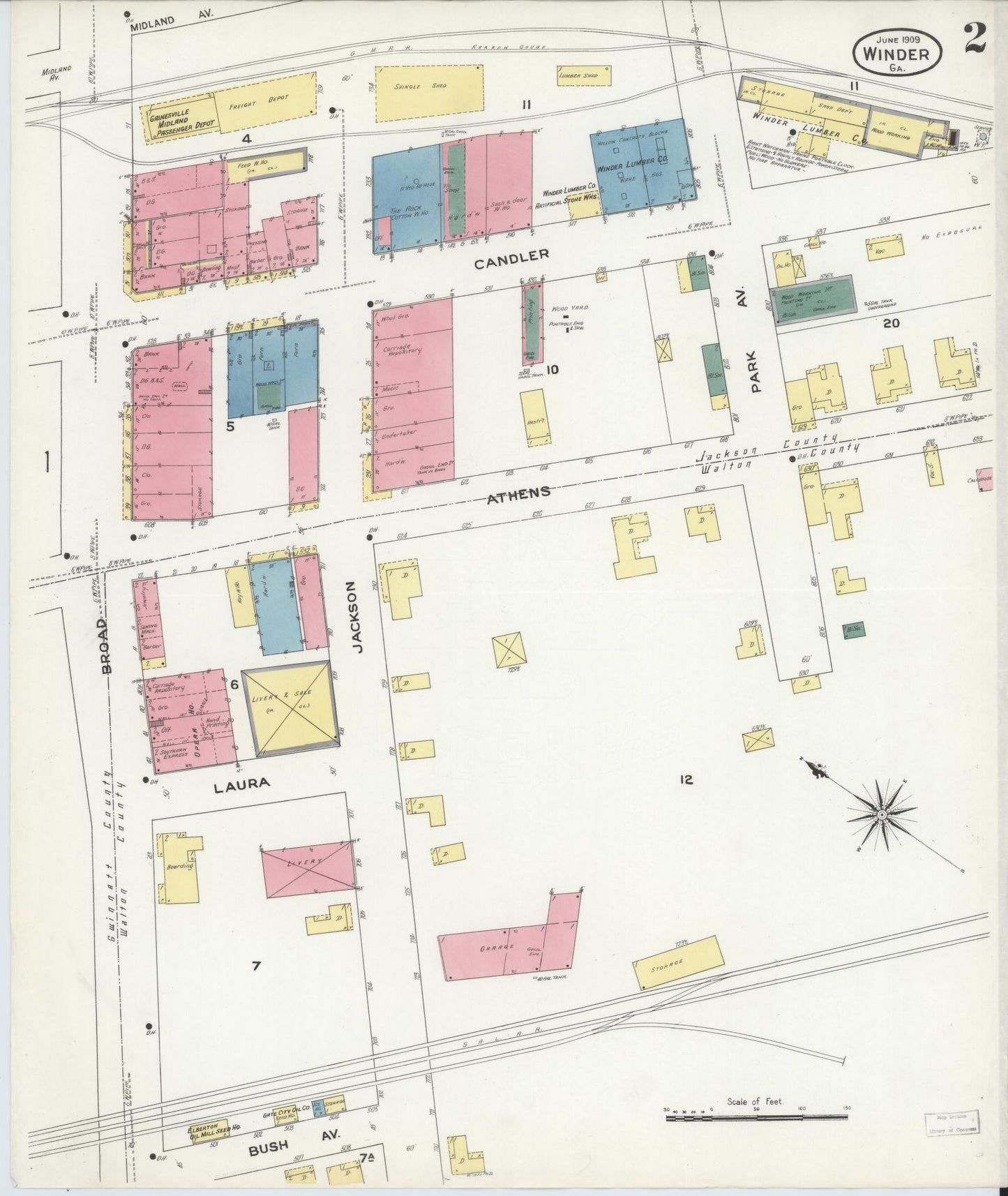 Sanborn Fire Insurance Map from Winder, Barrow County, Georgia (1909), Sheet #0002 - Historic Sanborn Fire Insurance Map Print, vintage old map wall art, antique decor, genealogy gift, Georgia Georgia map