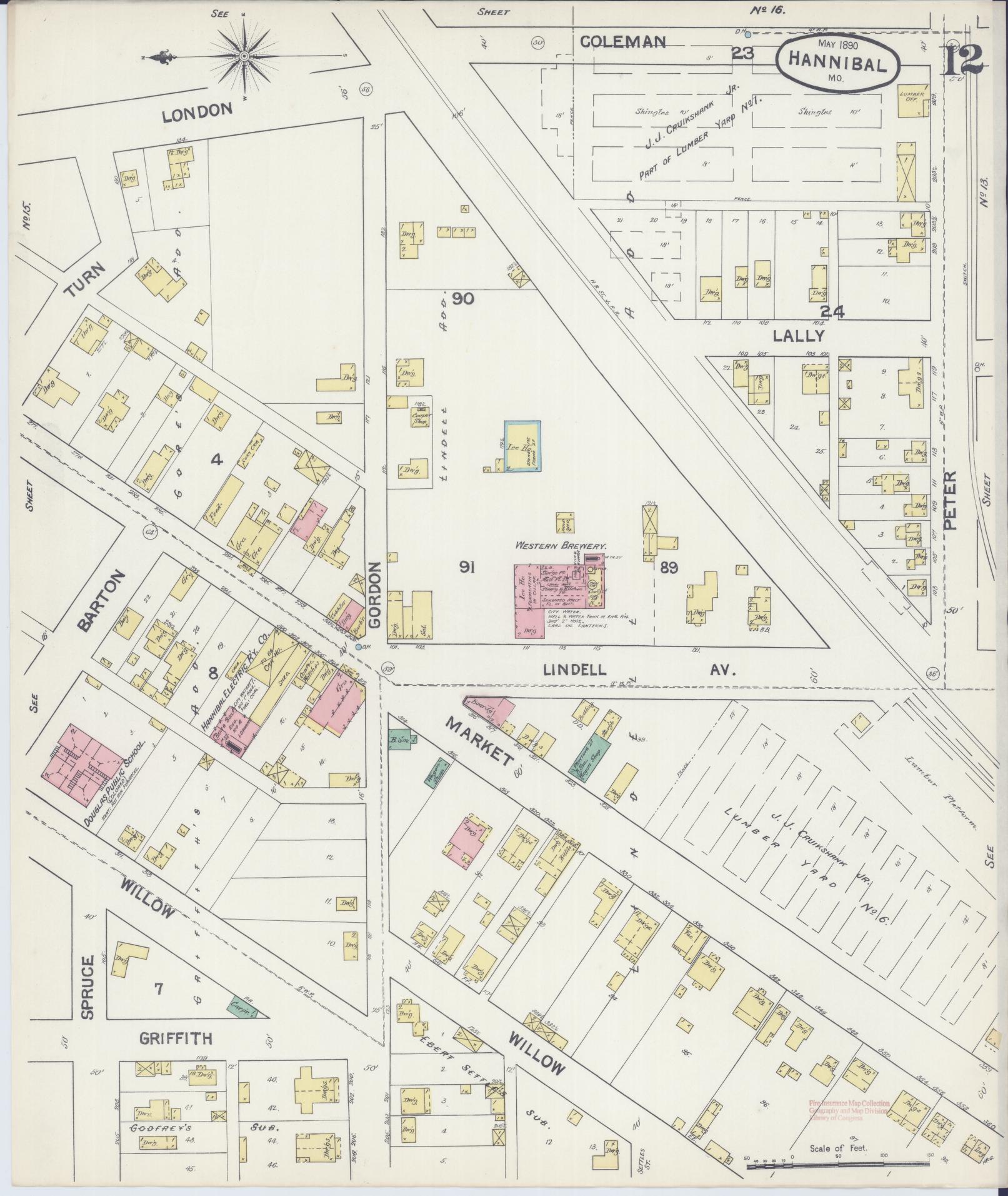 Sanborn Fire Insurance Map from Hannibal, Marion County, Missouri (1890), Sheet #0012 - Historic Sanborn Fire Insurance Map Print, vintage old map wall art, antique decor, genealogy gift, Missouri Missouri map
