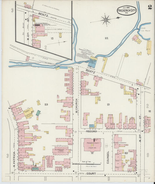 Frederick, Maryland - 1892 - Sanborn Fire Insurance Map, Sheet #0002 - Historic Sanborn Fire Insurance Map Print, Frederick Maryland 1892 0002 vintage old map wall art