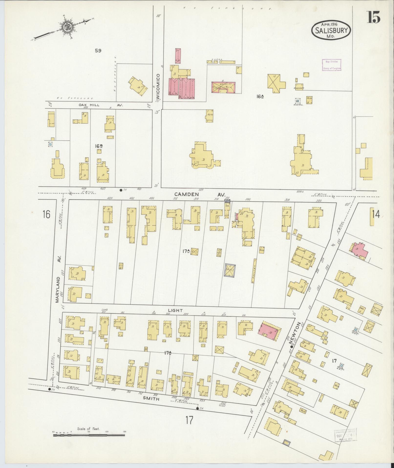 Sanborn Fire Insurance Map from Salisbury, Wicomico County, Maryland (1916), Sheet #0015 - Historic Sanborn Fire Insurance Map Print, vintage old map wall art