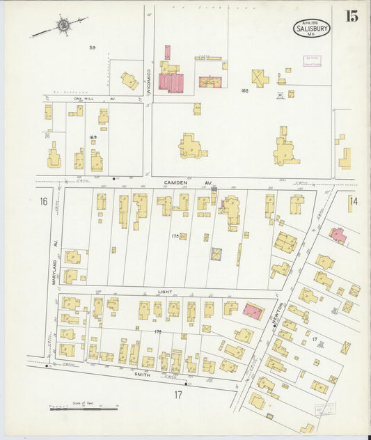 Sanborn Fire Insurance Map from Salisbury, Wicomico County, Maryland (1916), Sheet #0015 - Historic Sanborn Fire Insurance Map Print, vintage old map wall art