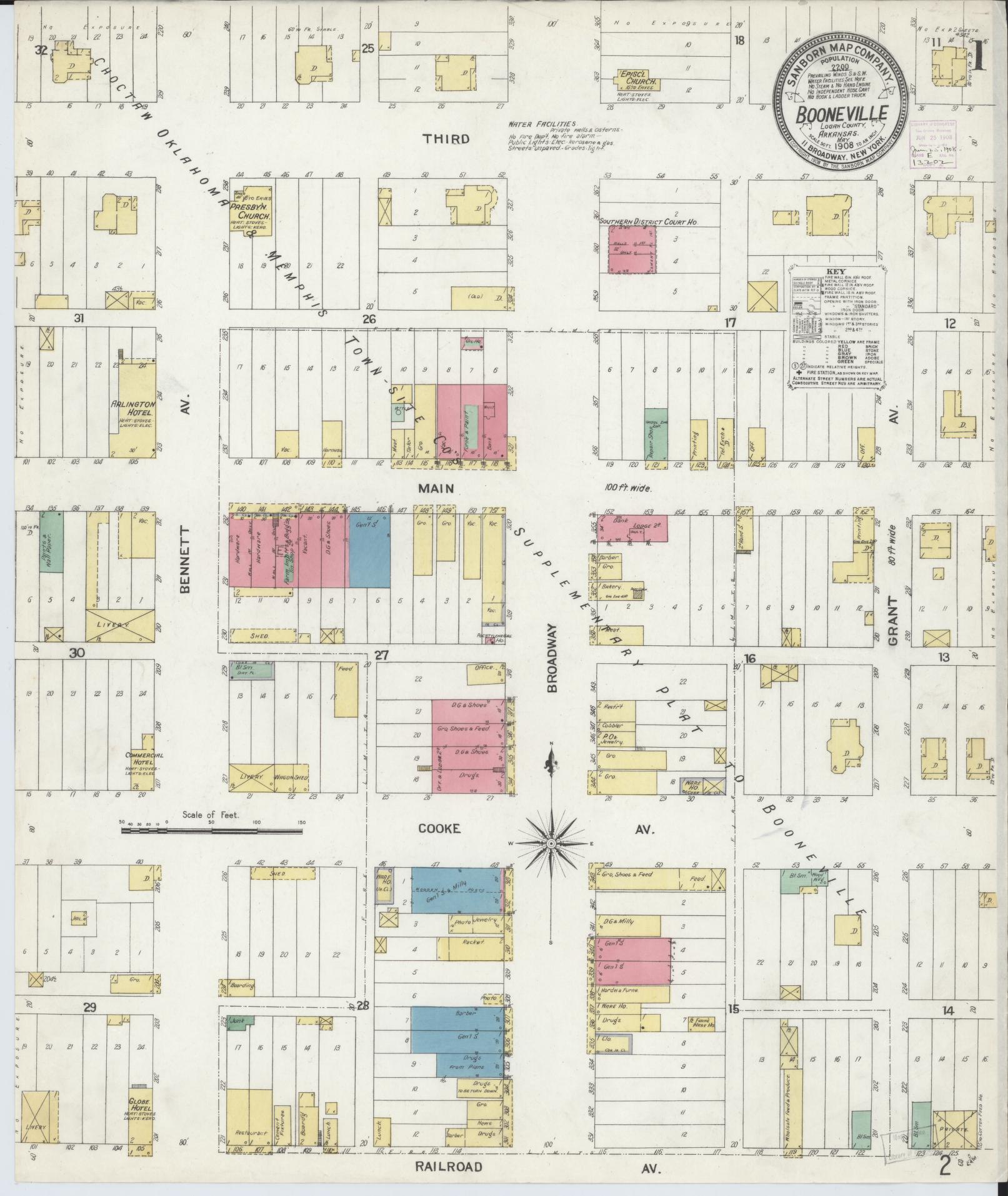 Sanborn Fire Insurance Map from Booneville, Logan County, Arkansas (1908), Sheet #0001 - Complete Map Set gallery image, historic Sanborn map, vintage wall art, Arkansas Arkansas