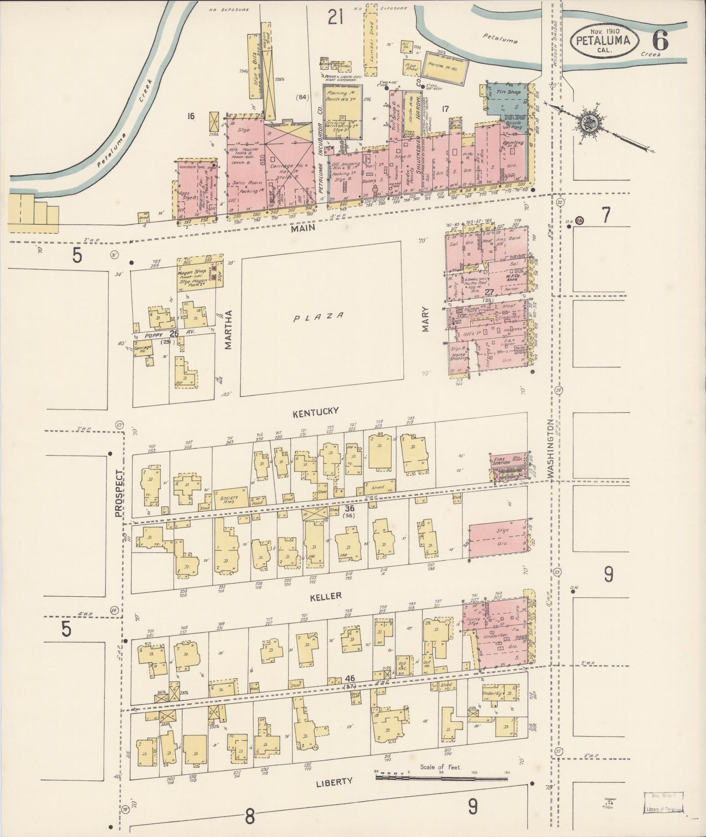 Sanborn Fire Insurance Map from Petaluma, Sonoma County, California (1910), Sheet #0006 - Complete Map Set gallery image, historic Sanborn map, vintage wall art, California California