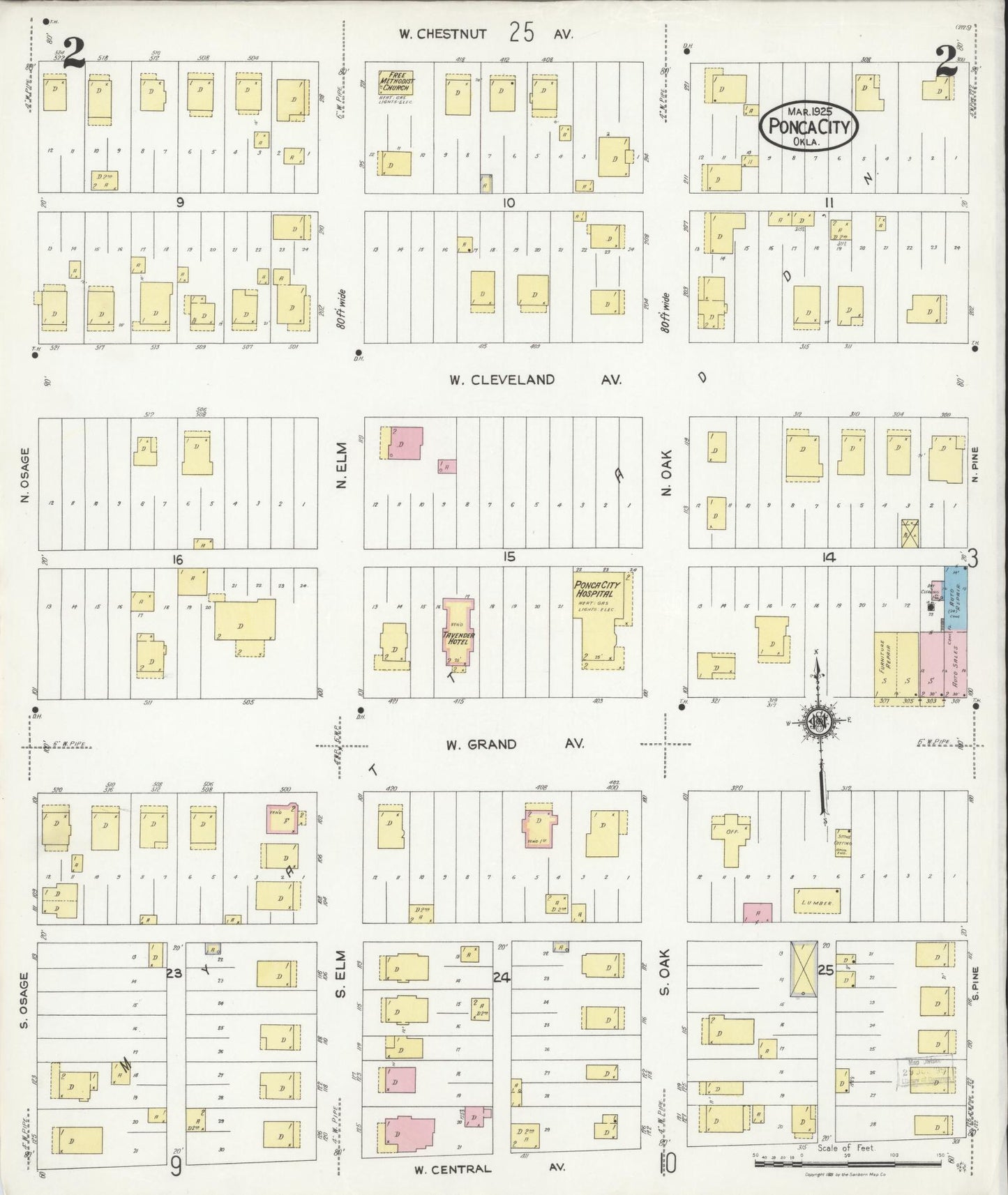 Sanborn Fire Insurance Map from Ponca City, Kay County, Oklahoma (1925), Sheet #0002 - Historic Sanborn Fire Insurance Map Print, vintage old map wall art, antique decor, genealogy gift, Oklahoma Oklahoma map