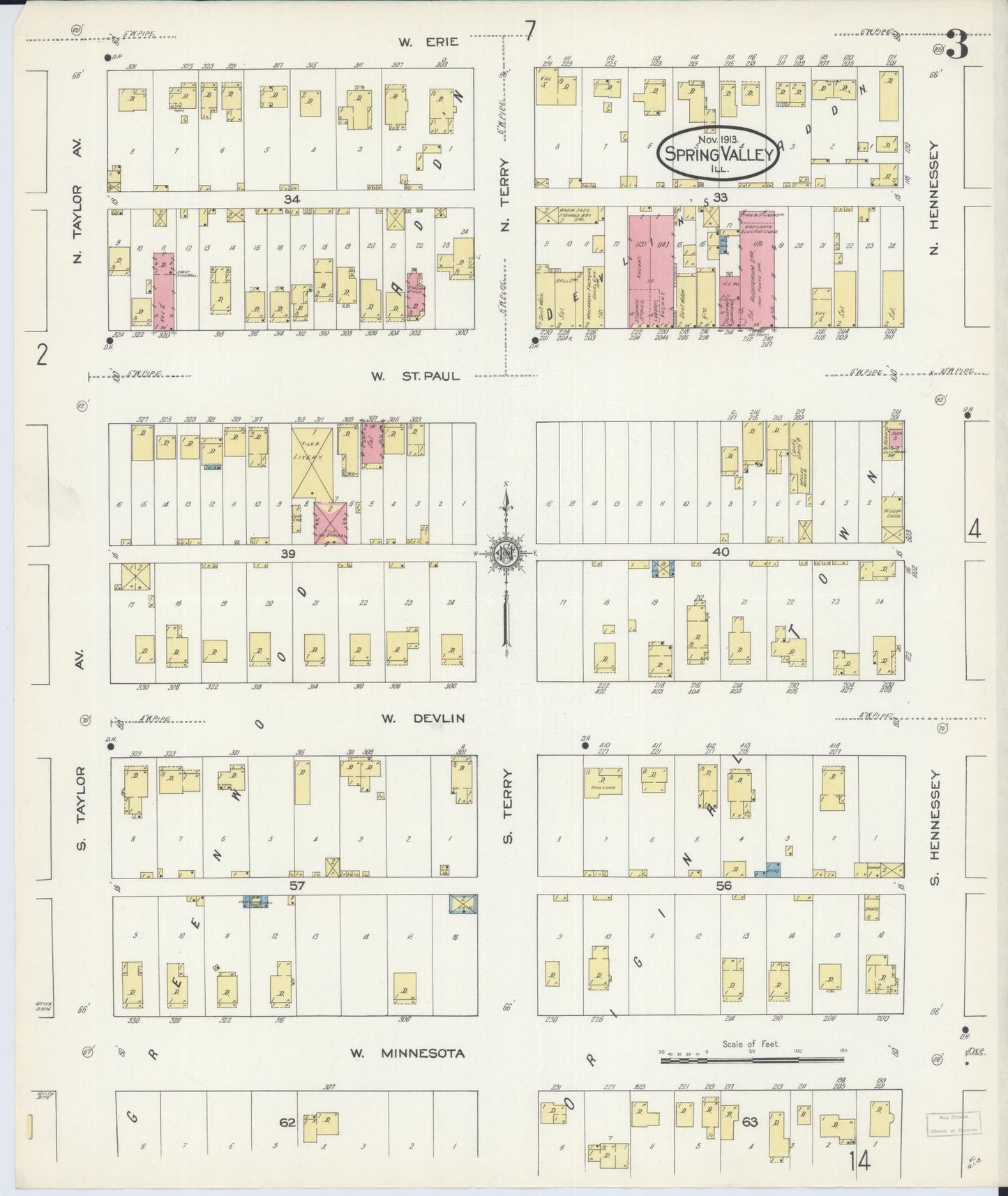 Sanborn Fire Insurance Map from Spring Valley, Bureau County, Illinois (1913), Sheet #0003 - Historic Sanborn Fire Insurance Map Print, vintage old map wall art, antique decor, genealogy gift, Illinois Illinois map