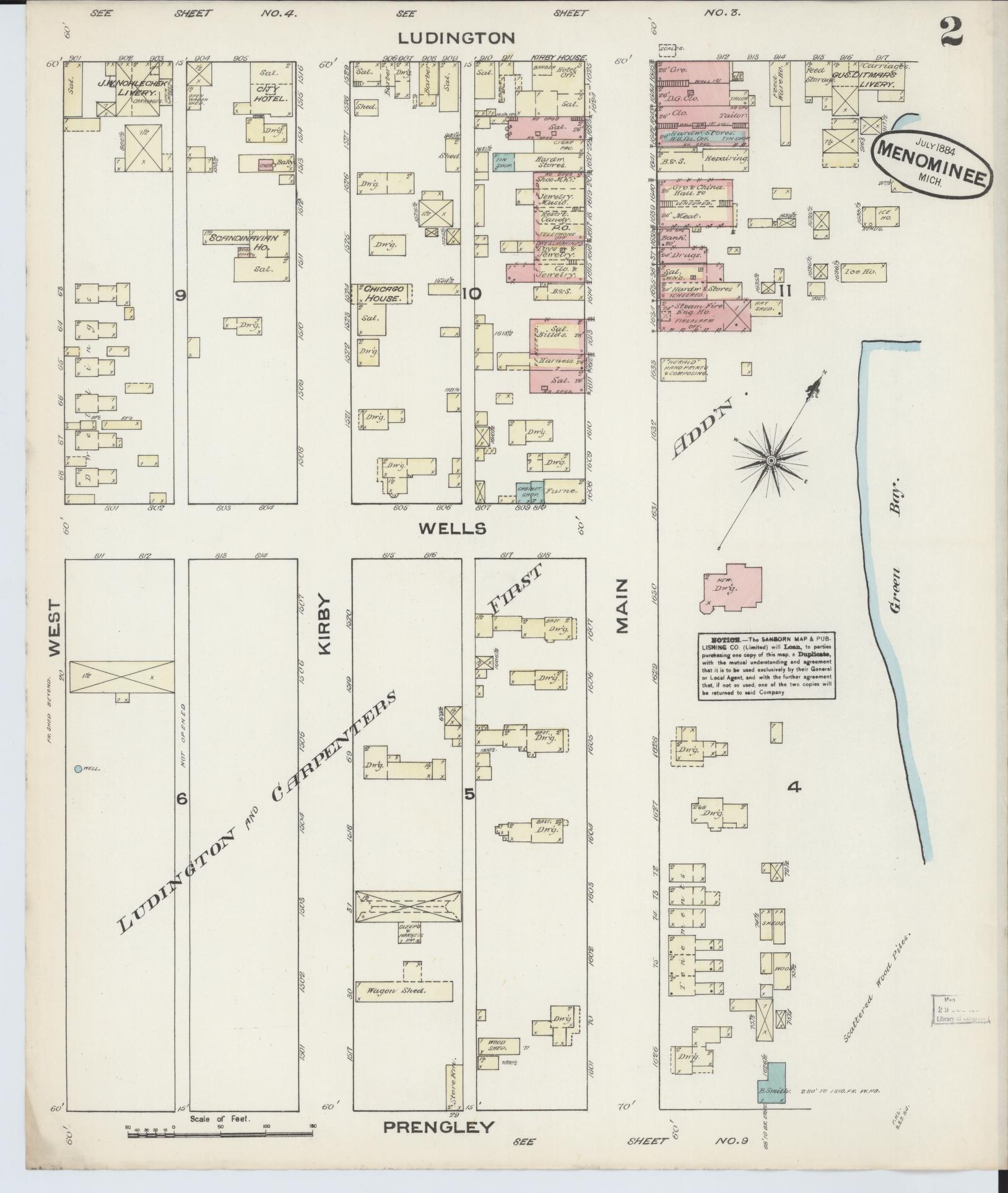 Sanborn Fire Insurance Map from Menominee, Menominee County, Michigan (1884), Sheet #0002 - Complete Map Set gallery image, historic Sanborn map, vintage wall art, Michigan Michigan