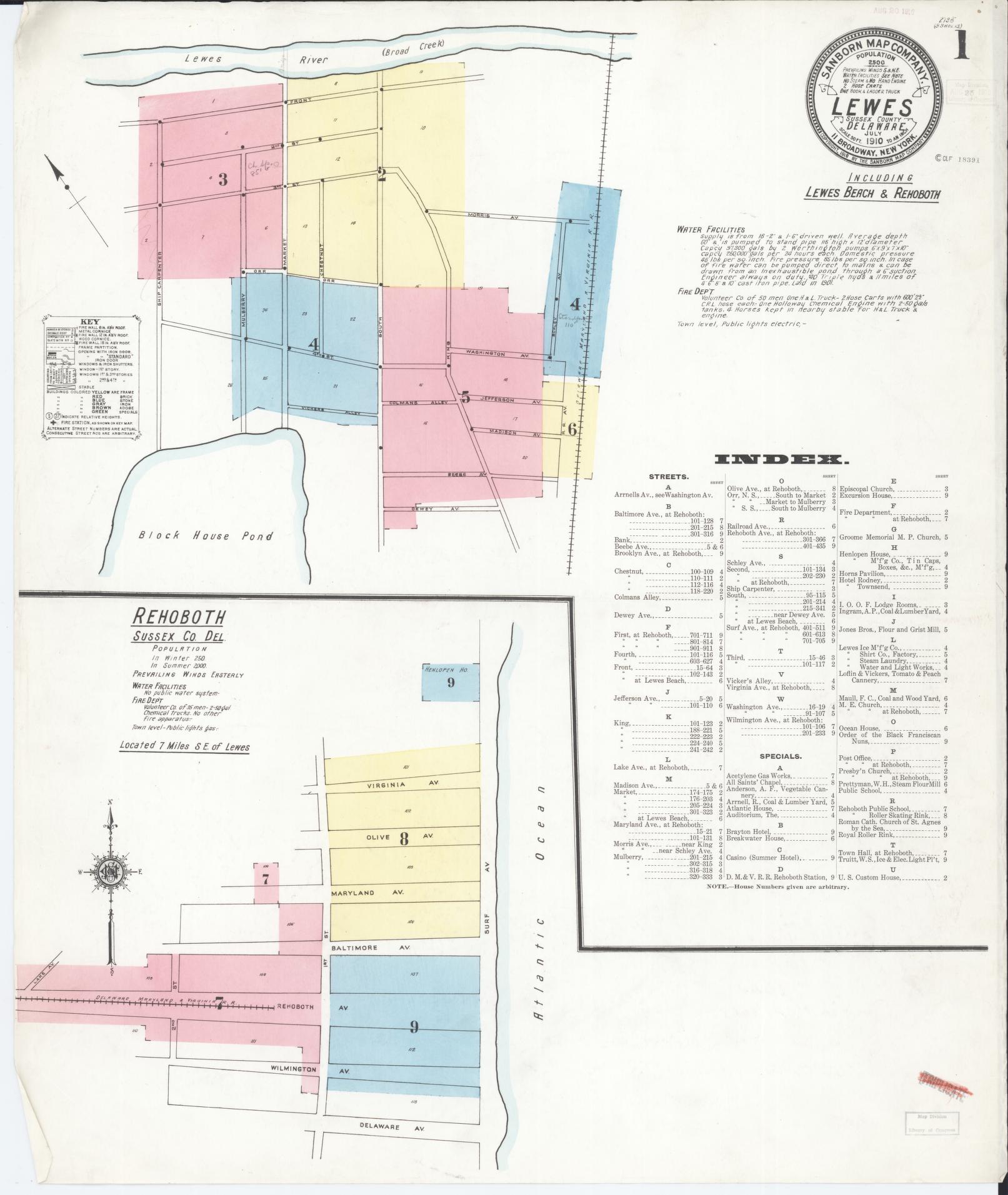 Sanborn Fire Insurance Map from Lewes, Sussex County, Delaware (1910), Sheet #0001 - Complete Map Set gallery image, historic Sanborn map, vintage wall art, Delaware Delaware