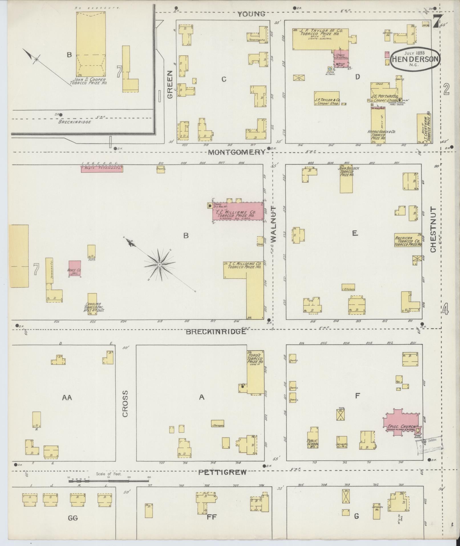 Sanborn Fire Insurance Map from Henderson, Vance County, North Carolina (1893), Sheet #0007 - Complete Map Set gallery image, historic Sanborn map, vintage wall art, North Carolina North Carolina
