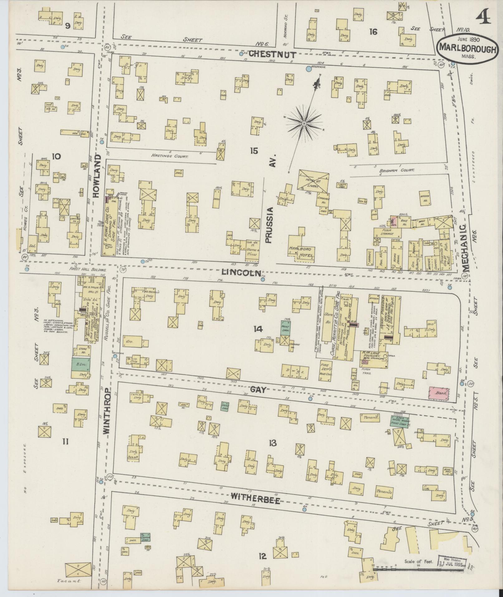 Sanborn Fire Insurance Map from Marlborough, Middlesex County, Massachusetts (1890), Sheet #0004 - Historic Sanborn Fire Insurance Map Print, vintage old map wall art, antique decor, genealogy gift, Massachusetts Massachusetts map