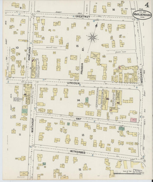 Sanborn Fire Insurance Map from Marlborough, Middlesex County, Massachusetts (1890), Sheet #0004 - Historic Sanborn Fire Insurance Map Print, vintage old map wall art, antique decor, genealogy gift, Massachusetts Massachusetts map