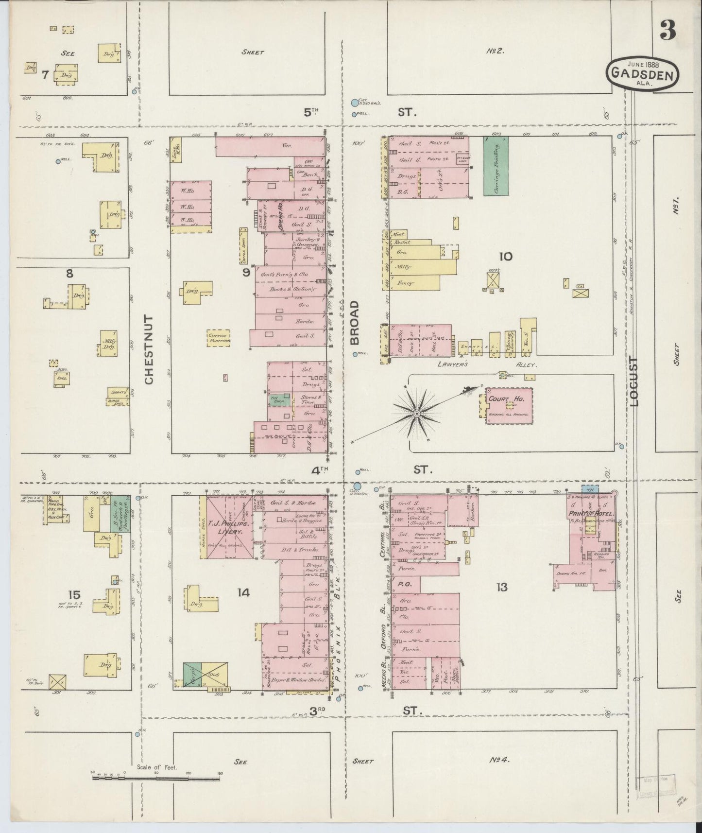 Sanborn Fire Insurance Map from Gadsden, Etowah County, Alabama (1888), Sheet #0003 - Historic Sanborn Fire Insurance Map Print, vintage old map wall art, antique decor, genealogy gift, Alabama Alabama map