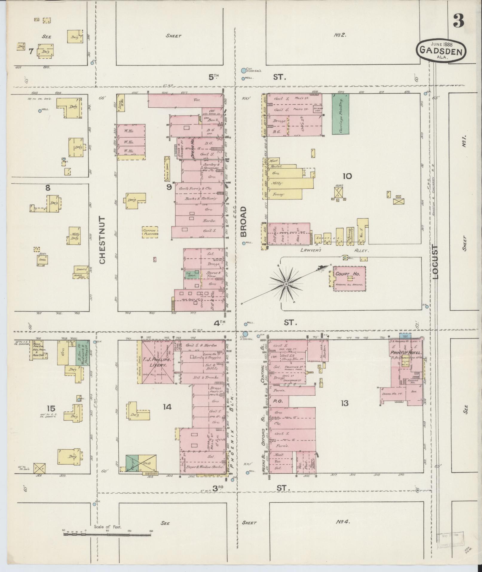 Sanborn Fire Insurance Map from Gadsden, Etowah County, Alabama (1888), Sheet #0003 - Historic Sanborn Fire Insurance Map Print, vintage old map wall art, antique decor, genealogy gift, Alabama Alabama map