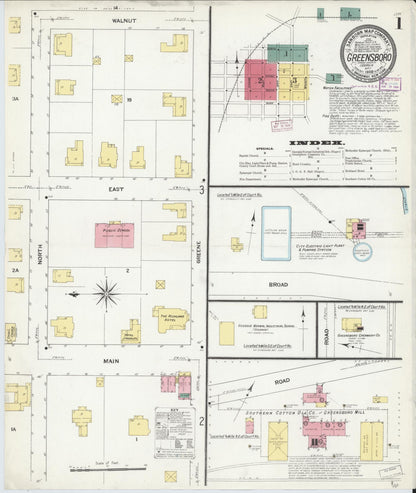 Sanborn Fire Insurance Map from Greensboro, Greene County, Georgia (1909), Sheet #0001 - Complete Map Set gallery image, historic Sanborn map, vintage wall art, Georgia Georgia