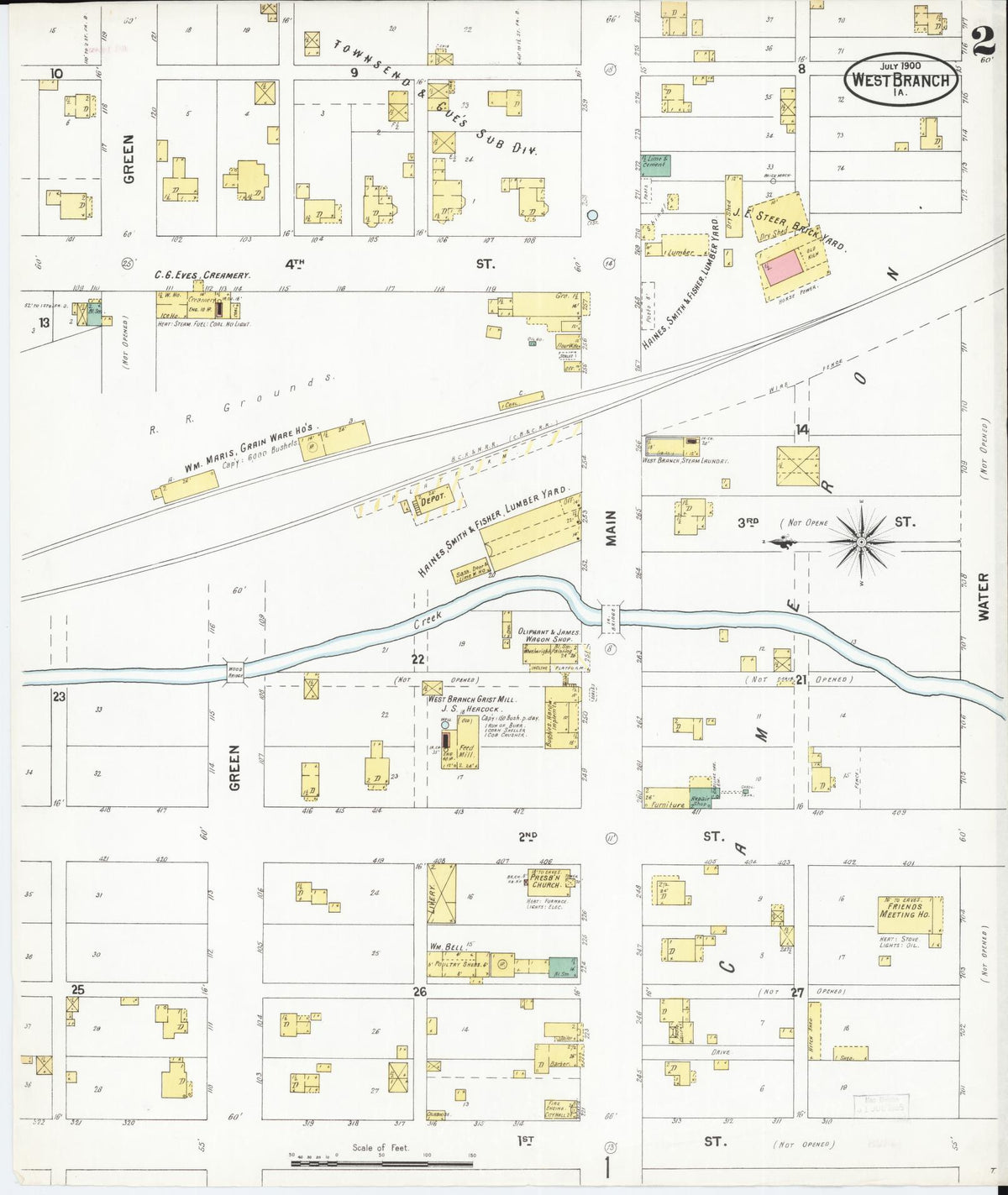 Sanborn Fire Insurance Map from West Branch, Cedar County, Iowa (1900), Sheet #0002 - Historic Sanborn Fire Insurance Map Print, vintage old map wall art