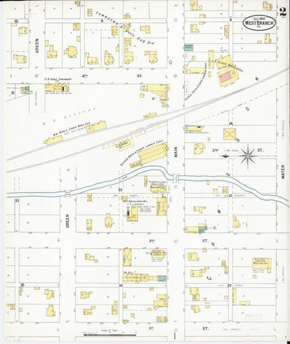 Sanborn Fire Insurance Map from West Branch, Cedar County, Iowa (1900), Sheet #0002 - Historic Sanborn Fire Insurance Map Print, vintage old map wall art