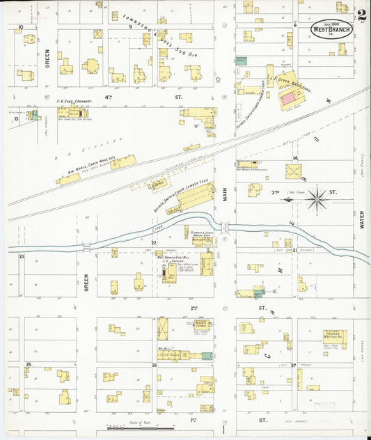 Sanborn Fire Insurance Map from West Branch, Cedar County, Iowa (1900), Sheet #0002 - Historic Sanborn Fire Insurance Map Print, vintage old map wall art
