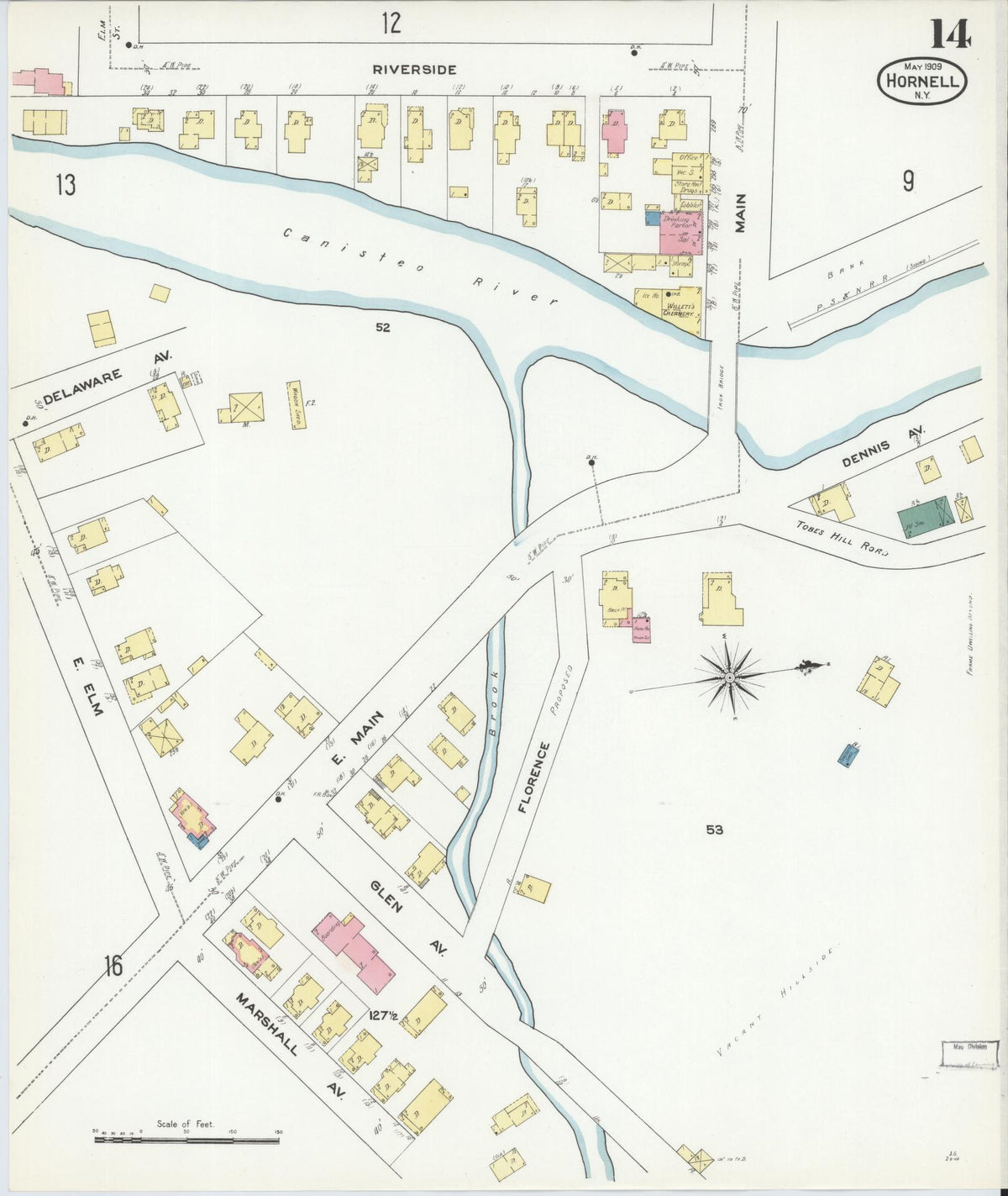 Sanborn Fire Insurance Map from Hornell, Steuben County, New York (1909), Sheet #0014 - Complete Map Set gallery image, historic Sanborn map, vintage wall art, New York New York