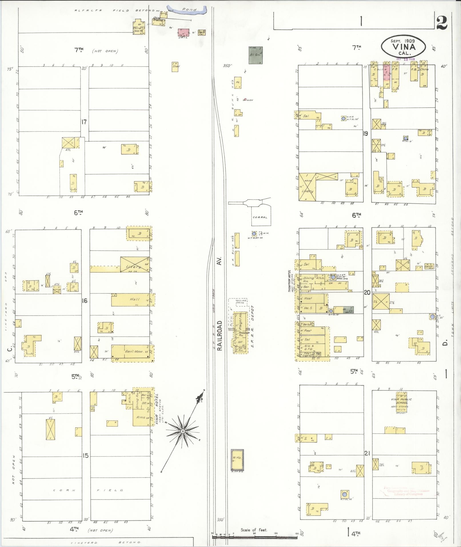 Sanborn Fire Insurance Map from Vina, Tehama County, California (1909), Sheet #0002 - Complete Map Set gallery image, historic Sanborn map, vintage wall art, California California