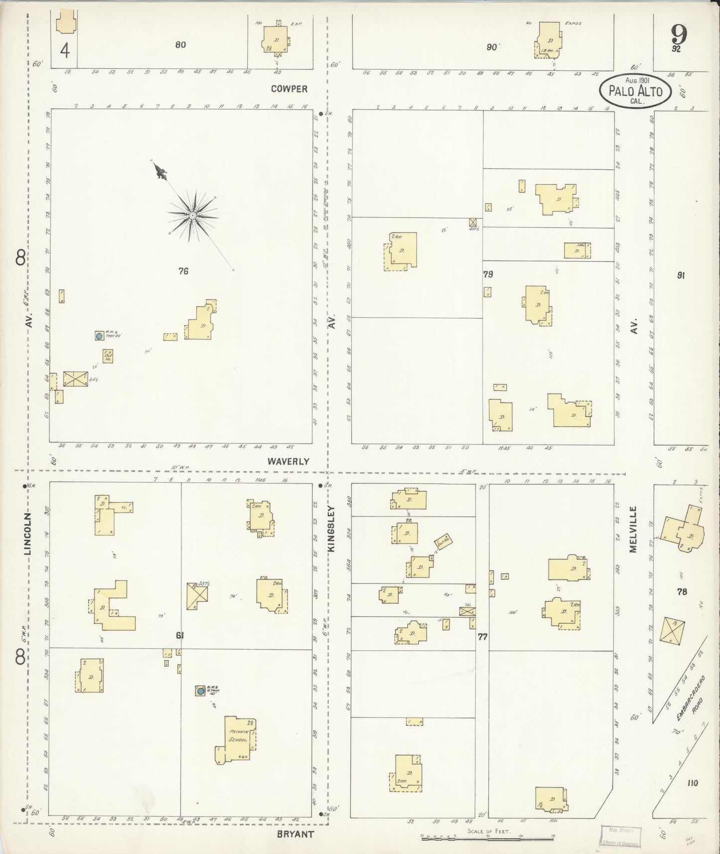 Sanborn Fire Insurance Map from Palo Alto, Santa Clara County, California (1901), Sheet #0009 - Complete Map Set gallery image, historic Sanborn map, vintage wall art, California California