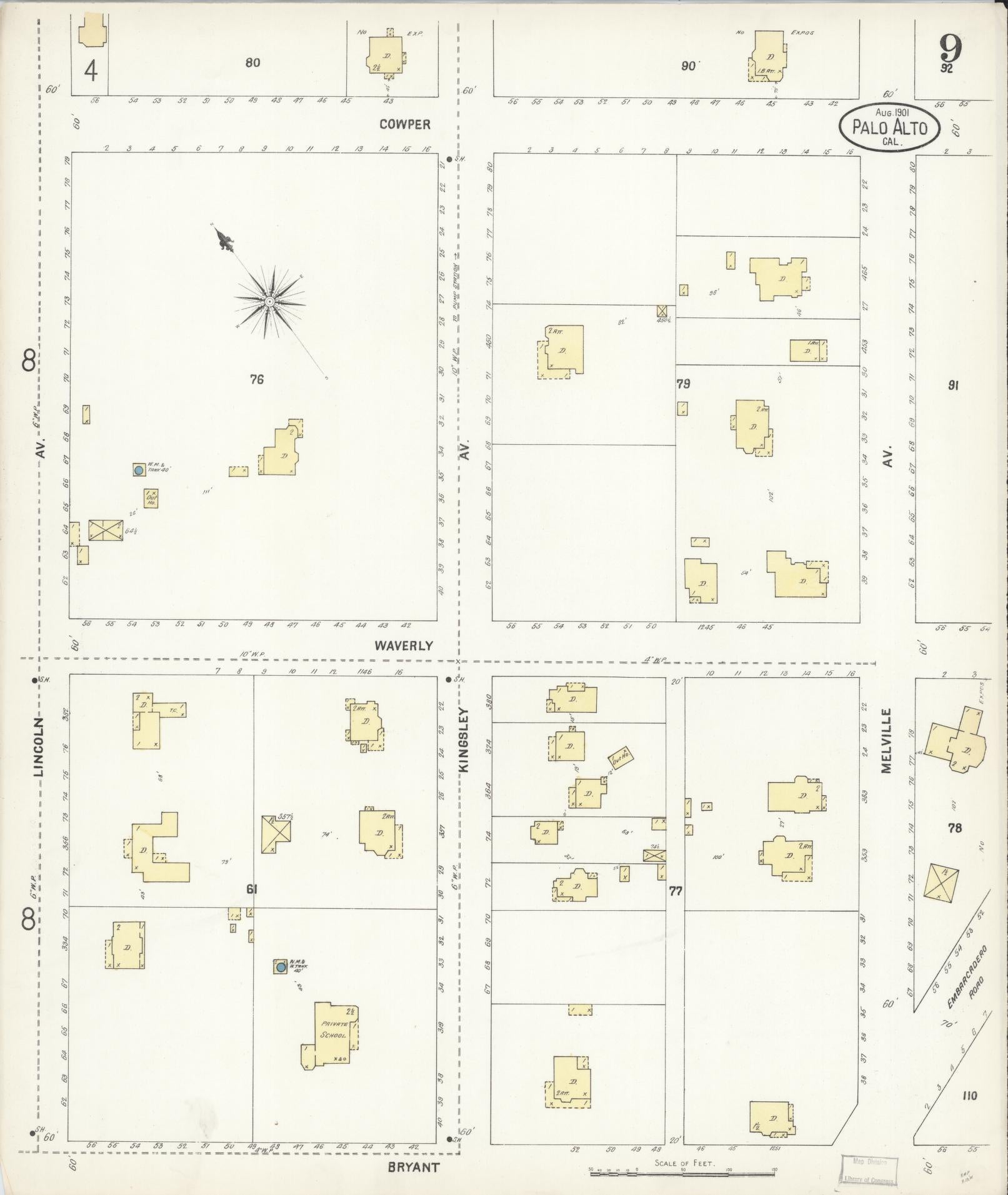 Sanborn Fire Insurance Map from Palo Alto, Santa Clara County, California (1901), Sheet #0009 - Complete Map Set gallery image, historic Sanborn map, vintage wall art, California California