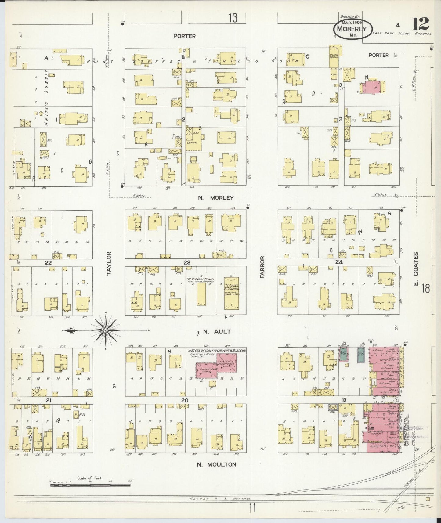 Sanborn Fire Insurance Map from Moberly, Randolph County, Missouri (1909), Sheet #0012 - Historic Sanborn Fire Insurance Map Print, vintage old map wall art, antique decor, genealogy gift, Missouri Missouri map