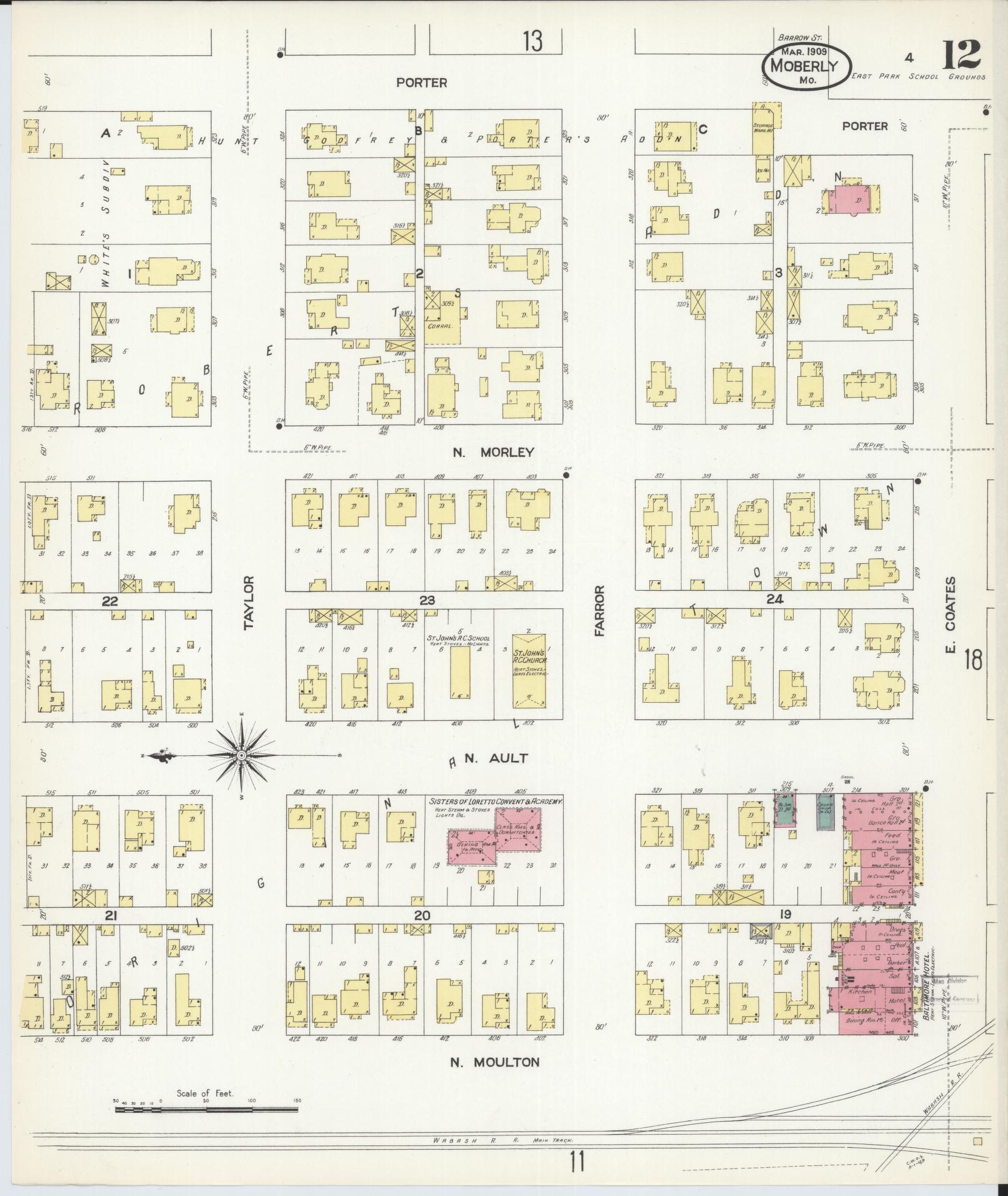 Sanborn Fire Insurance Map from Moberly, Randolph County, Missouri (1909), Sheet #0012 - Historic Sanborn Fire Insurance Map Print, vintage old map wall art, antique decor, genealogy gift, Missouri Missouri map