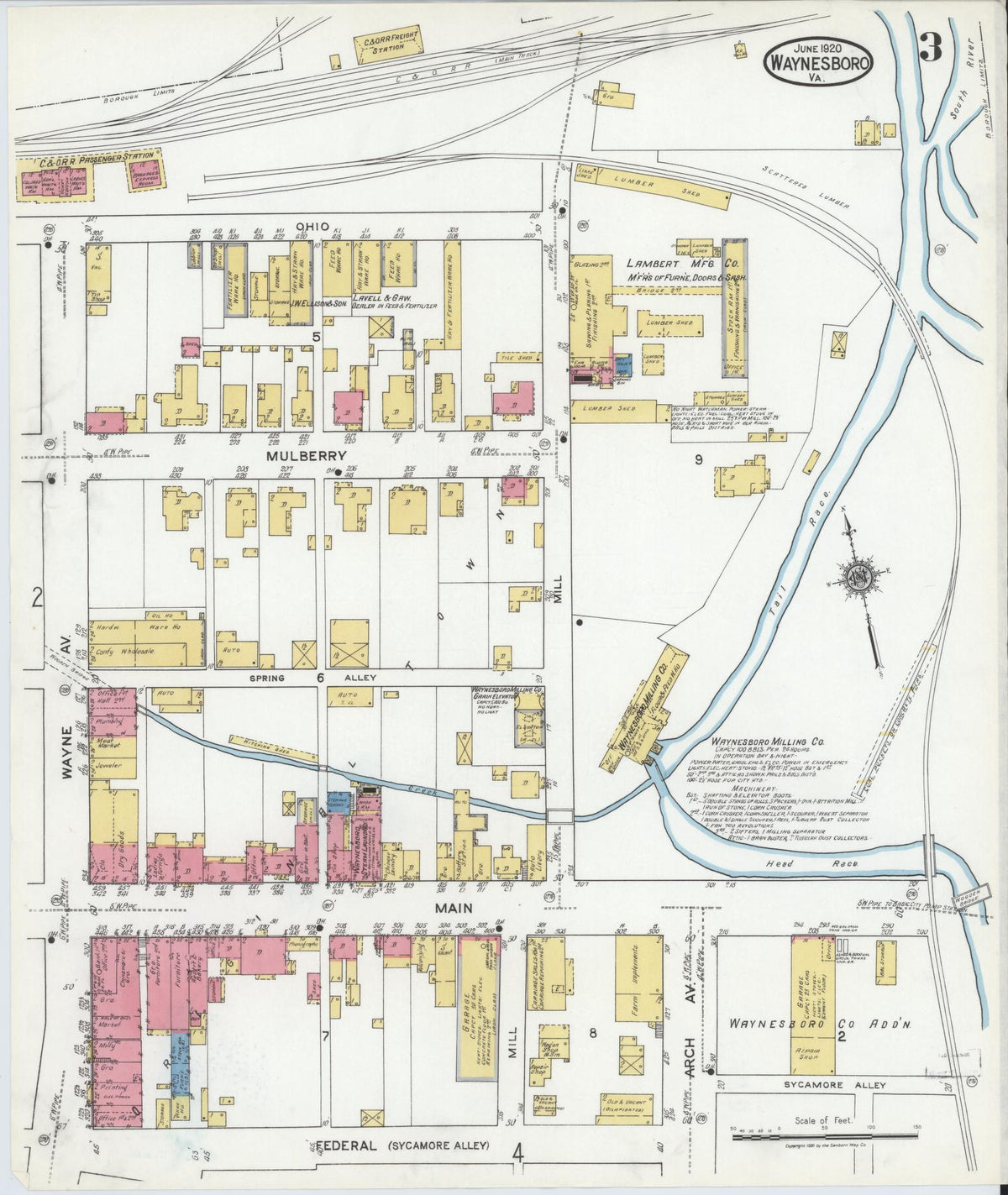 Sanborn Fire Insurance Map from Waynesboro, Independent Cities, Virginia (1920), Sheet #0003 - Historic Sanborn Fire Insurance Map Print, vintage old map wall art, antique decor, genealogy gift, Virginia Virginia map