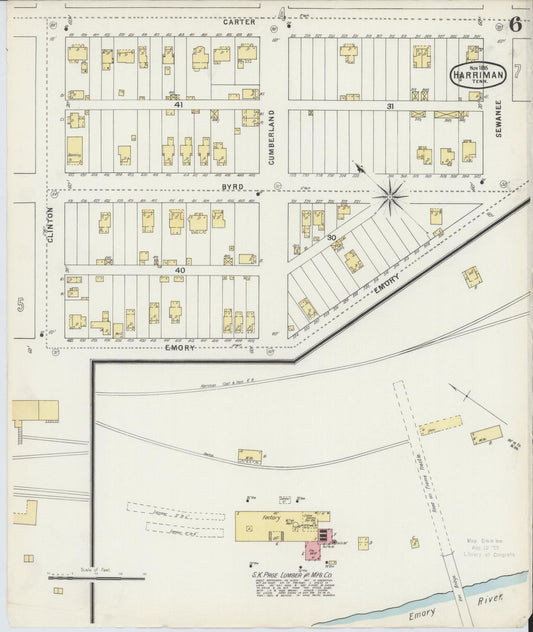 Sanborn Fire Insurance Map from Harriman, Roane County, Tennessee (1895), Sheet #0006 - Historic Sanborn Fire Insurance Map Print, vintage old map wall art, antique decor, genealogy gift, Tennessee Tennessee map