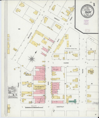 Sanborn Fire Insurance Map from Amory, Monroe County, Mississippi (1906), Sheet #0001 - Complete Map Set gallery image, historic Sanborn map, vintage wall art, Mississippi Mississippi