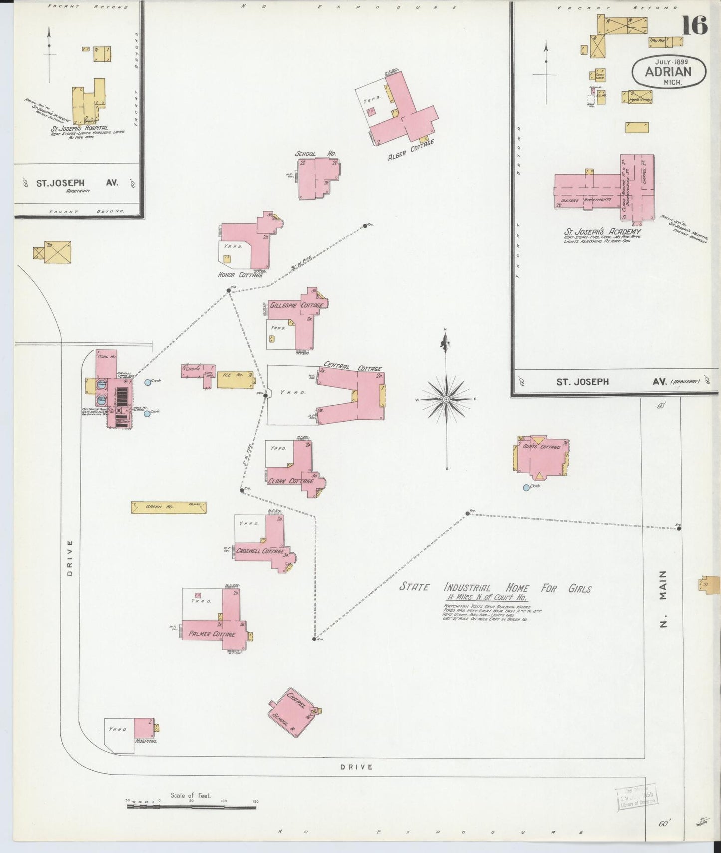 Sanborn Fire Insurance Map from Adrian, Lenawee County, Michigan (1899), Sheet #0016 - Historic Sanborn Fire Insurance Map Print, vintage old map wall art, antique decor, genealogy gift, Michigan Michigan map