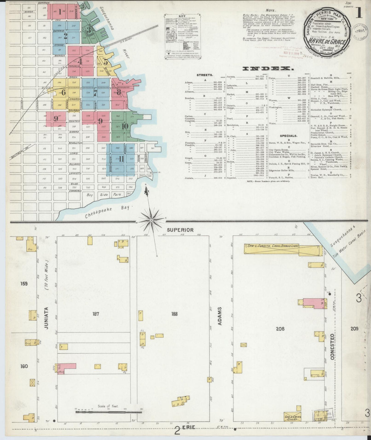 Sanborn Fire Insurance Map from Havre De Grace, Harford County, Maryland (1899), Sheet #0001 - Historic Sanborn Fire Insurance Map Print, vintage old map wall art, antique decor, genealogy gift, Maryland Maryland map