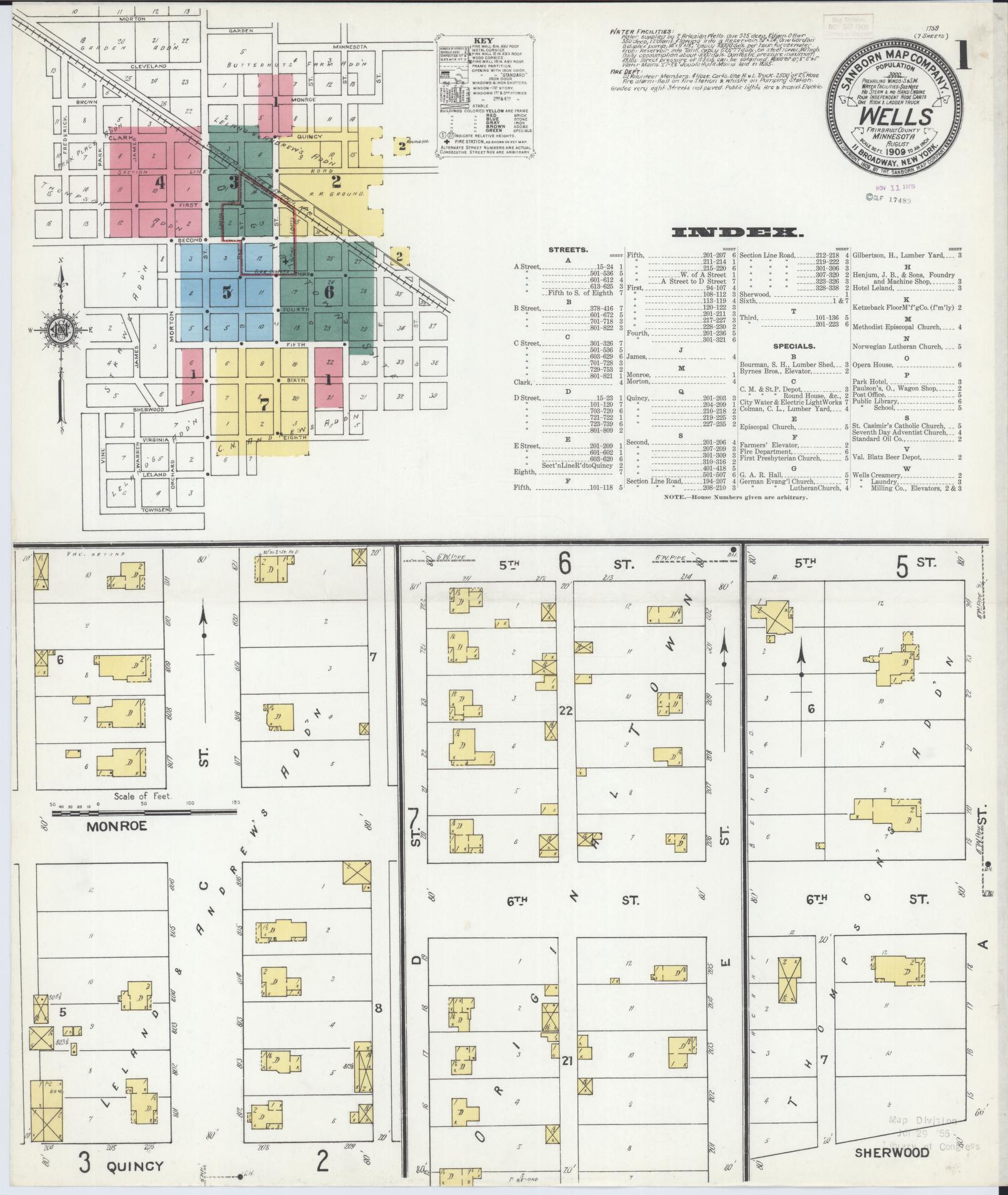 Sanborn Fire Insurance Map from Wells, Faribault County, Minnesota (1909), Sheet #0001 - Historic Sanborn Fire Insurance Map Print, vintage old map wall art, antique decor, genealogy gift, Minnesota Minnesota map