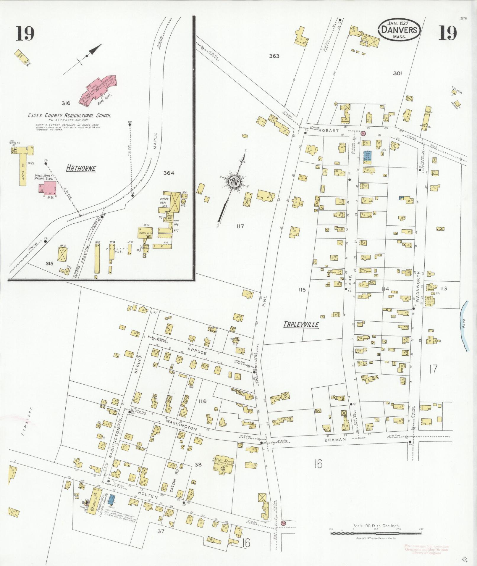 Sanborn Fire Insurance Map from Danvers, Essex County, Massachusetts (1927), Sheet #0019 - Historic Sanborn Fire Insurance Map Print, vintage old map wall art, antique decor, genealogy gift, Massachusetts Massachusetts map