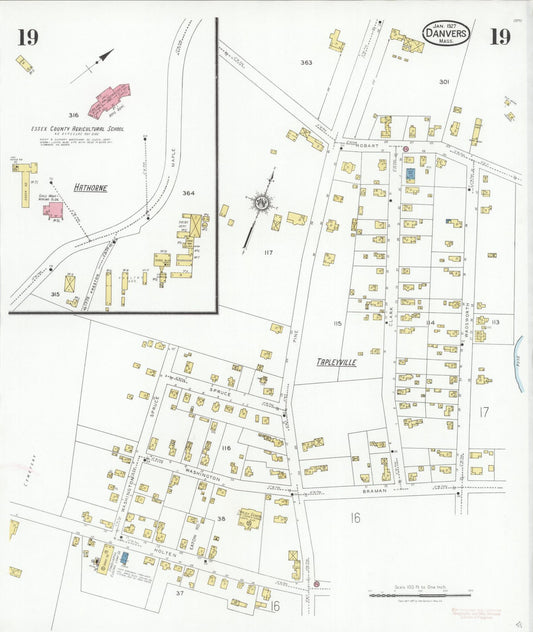 Sanborn Fire Insurance Map from Danvers, Essex County, Massachusetts (1927), Sheet #0019 - Historic Sanborn Fire Insurance Map Print, vintage old map wall art, antique decor, genealogy gift, Massachusetts Massachusetts map