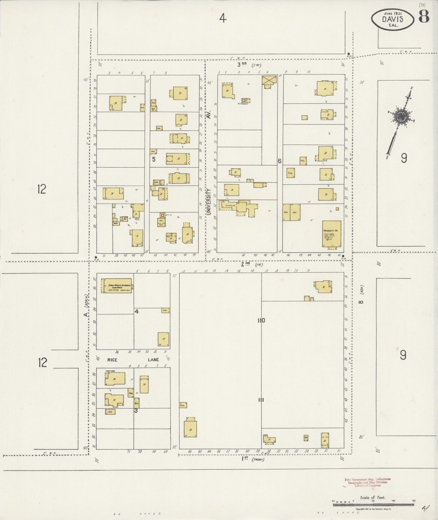 Sanborn Fire Insurance Map from Davis, Yolo County, California (1921), Sheet #0008 - Complete Map Set gallery image, historic Sanborn map, vintage wall art, California California