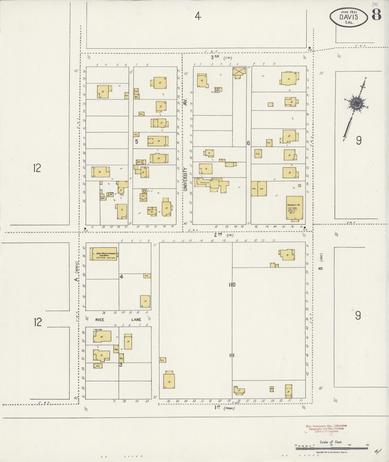 Sanborn Fire Insurance Map from Davis, Yolo County, California (1921), Sheet #0008 - Complete Map Set gallery image, historic Sanborn map, vintage wall art, California California