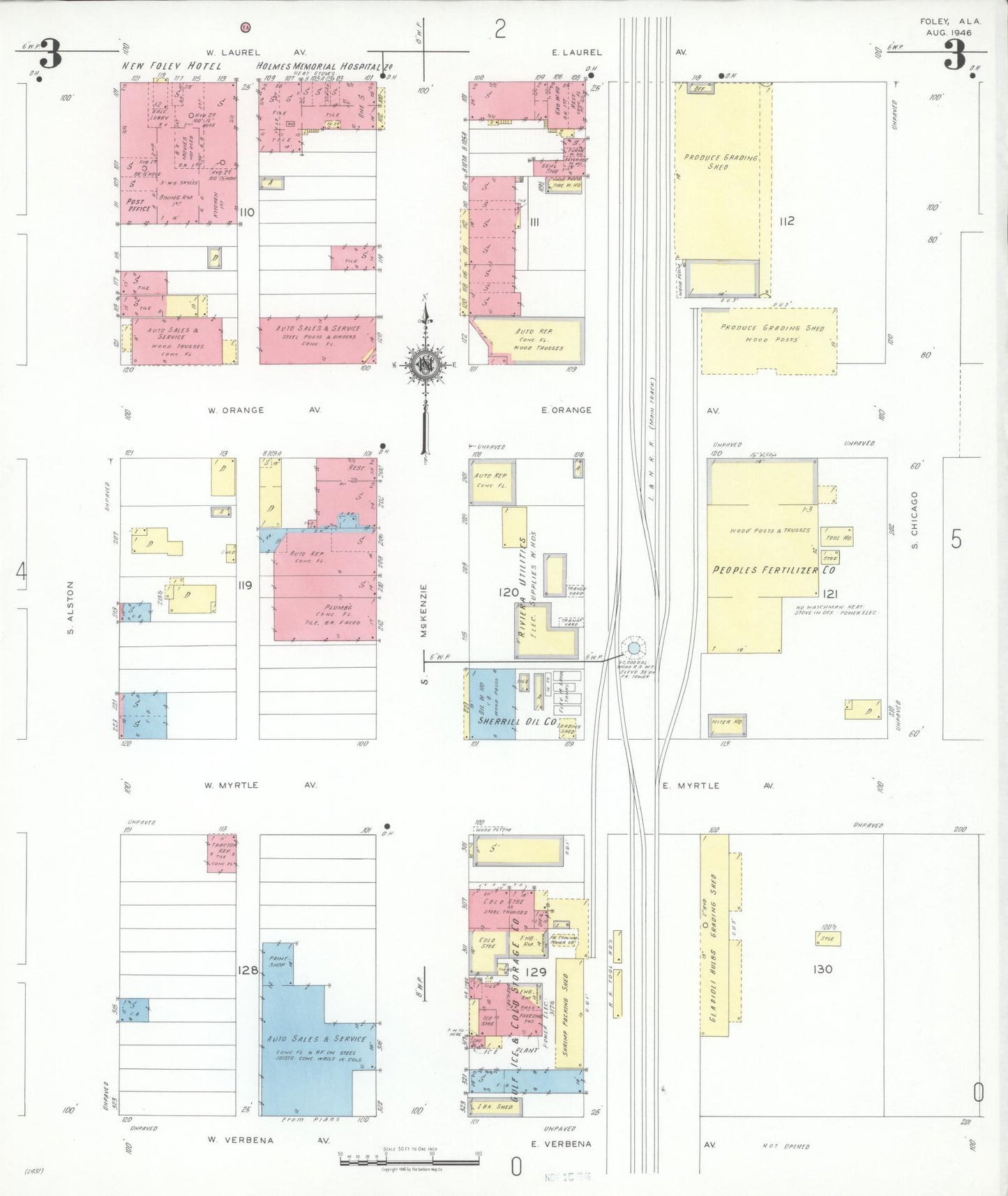 Sanborn Fire Insurance Map from Foley, Baldwin County, Alabama (1946), Sheet #0003 - Historic Sanborn Fire Insurance Map Print, vintage old map wall art, antique decor, genealogy gift, Alabama Alabama map