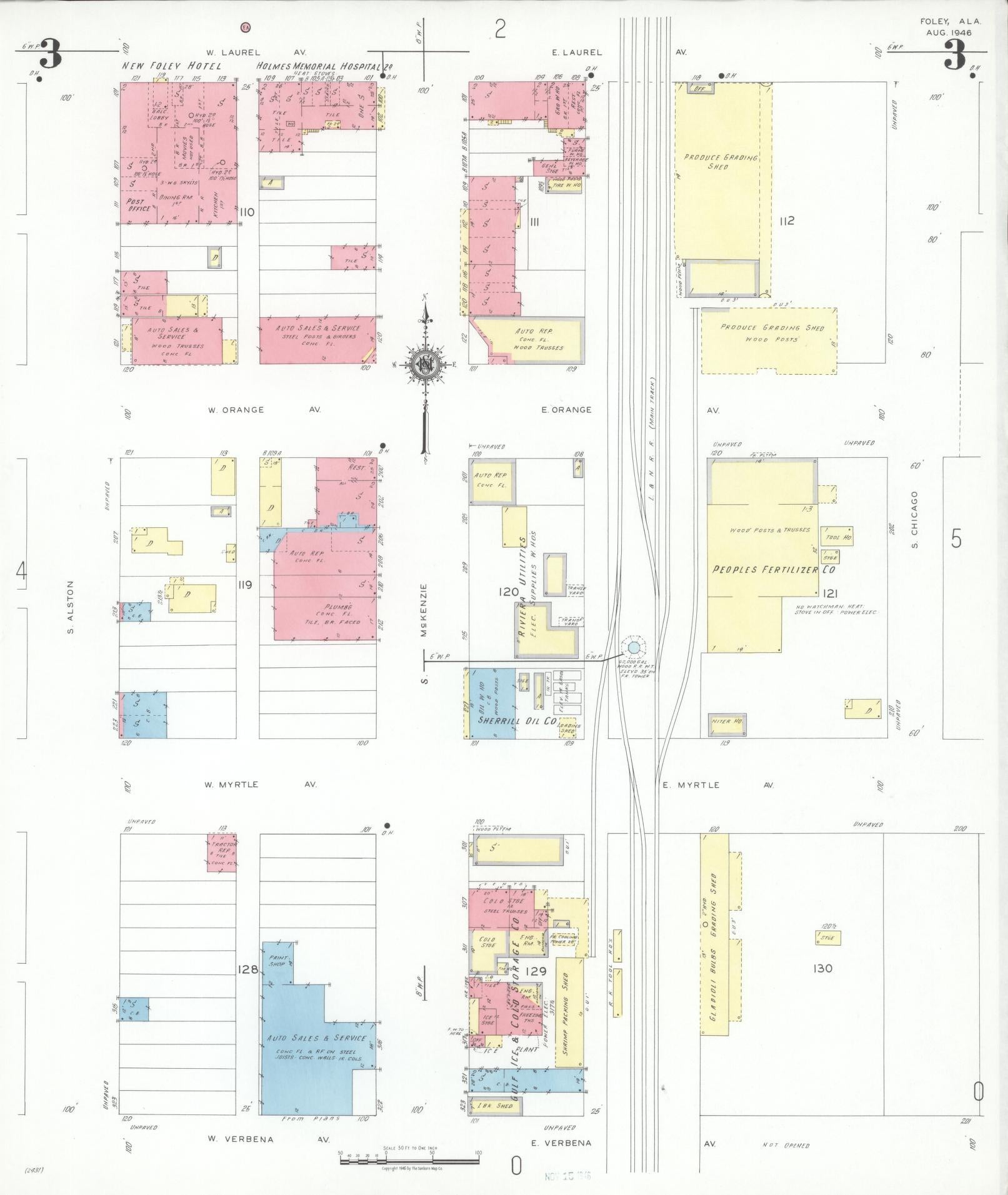 Sanborn Fire Insurance Map from Foley, Baldwin County, Alabama (1946), Sheet #0003 - Historic Sanborn Fire Insurance Map Print, vintage old map wall art, antique decor, genealogy gift, Alabama Alabama map