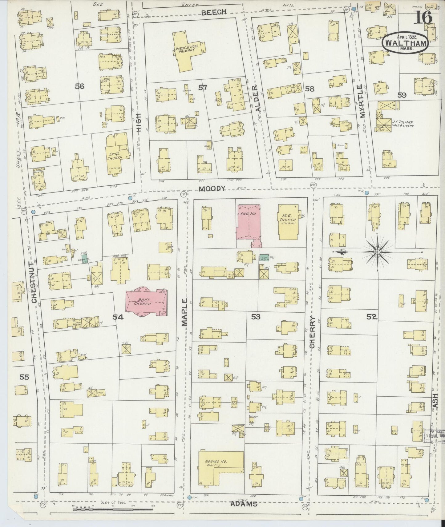 Sanborn Fire Insurance Map from Waltham, Middlesex County, Massachusetts (1892), Sheet #0016 - Historic Sanborn Fire Insurance Map Print, vintage old map wall art, antique decor, genealogy gift, Massachusetts Massachusetts map